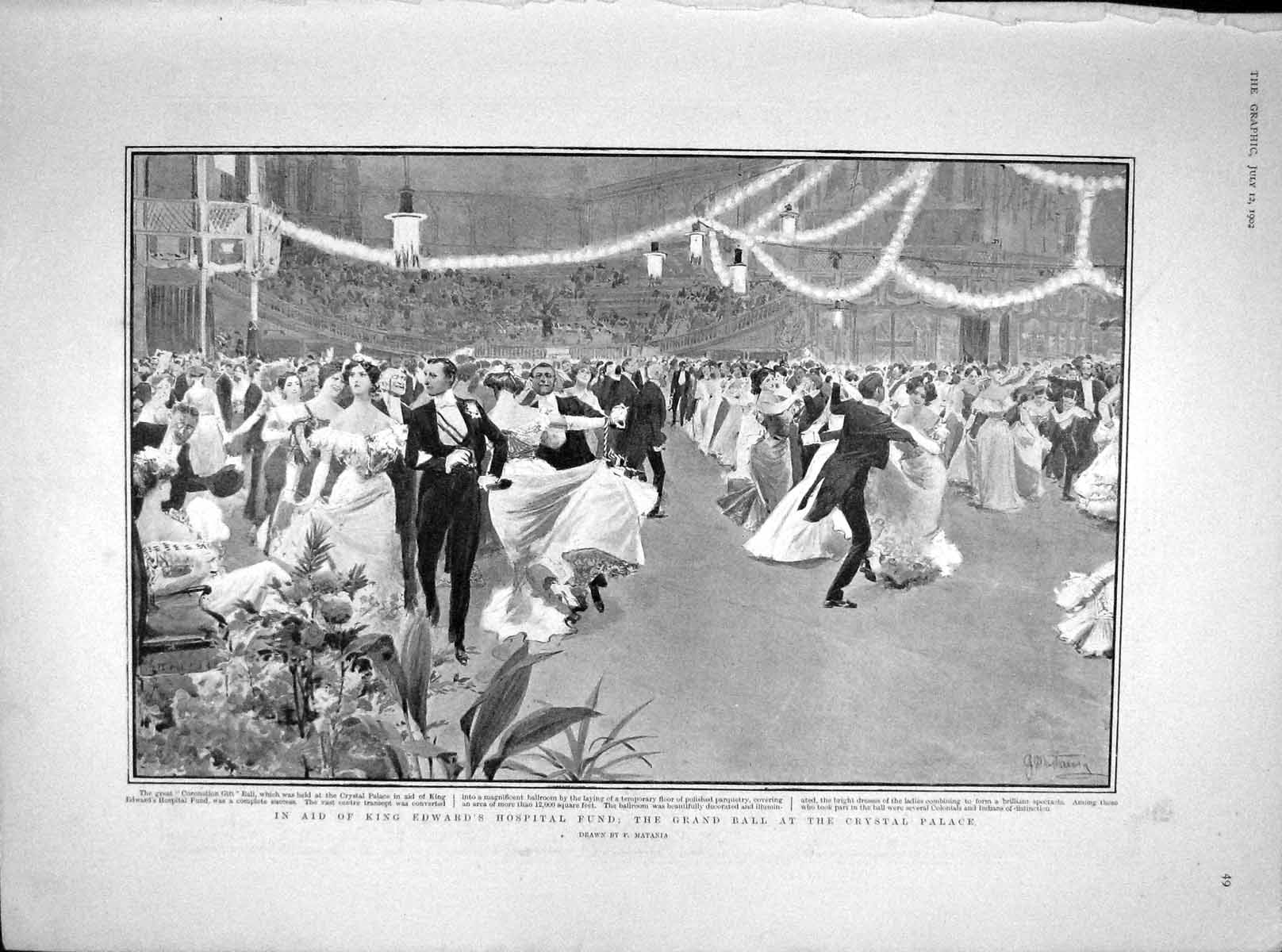 Original Old Antique Print 1902 Ball Crystal Palace Hospital Coquelin Theatre
