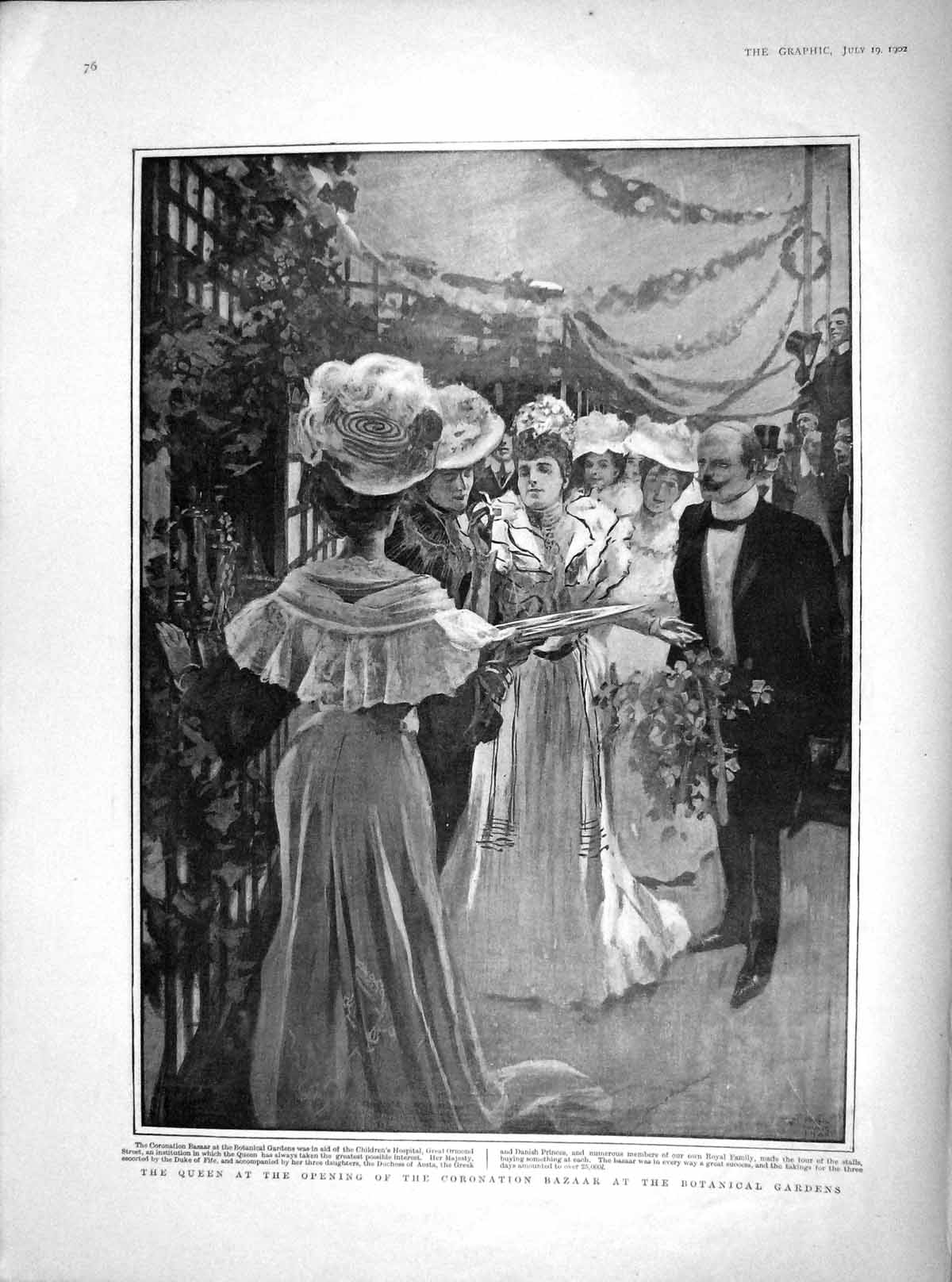 Old Antique Print 1902 Queen Coronation Bazaar Ormond Albany Warr Wyatt 20th