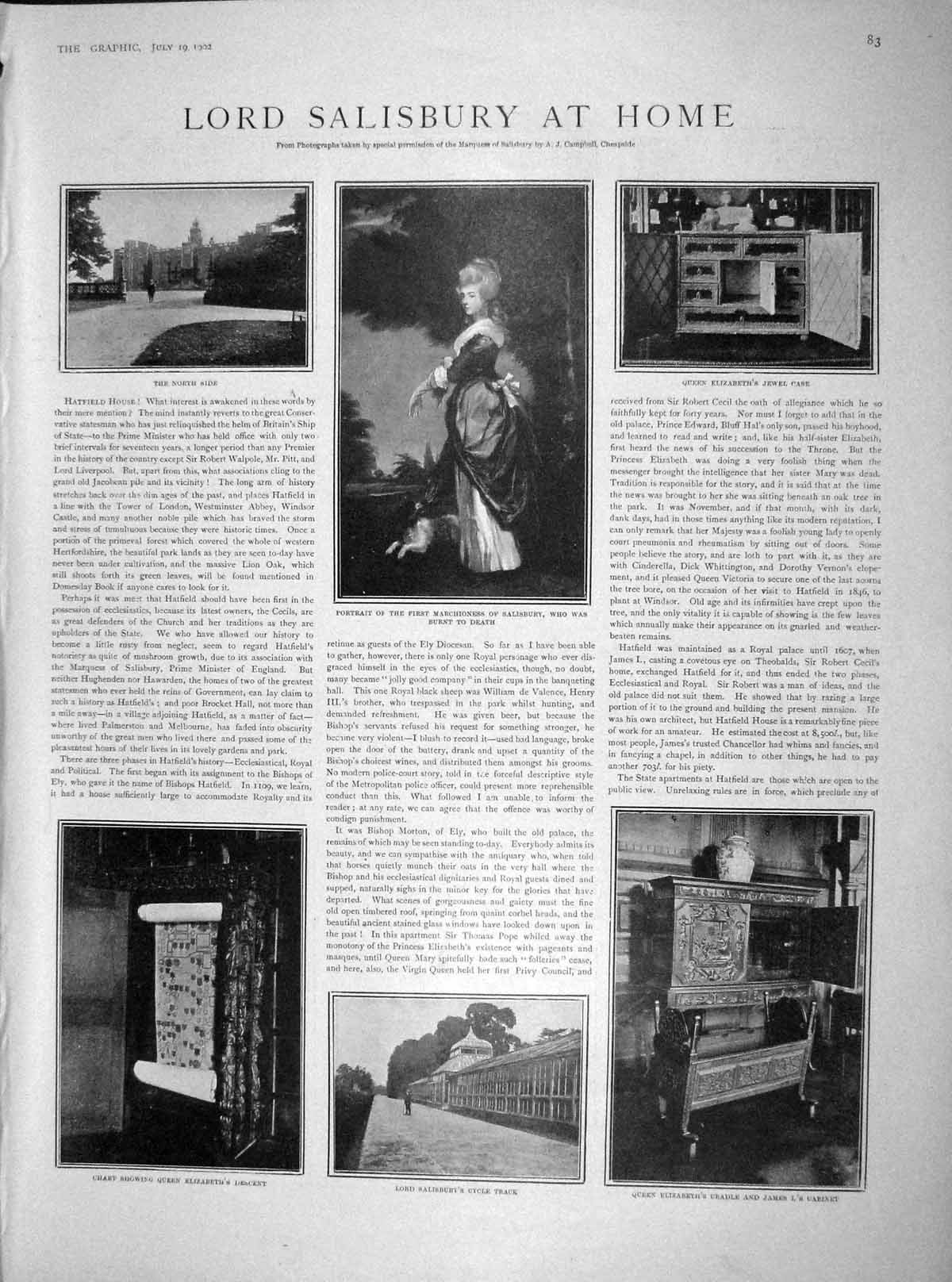 Original Old Antique Print 1902 Lord Salisbury Queen Elizabeth Hatfield House
