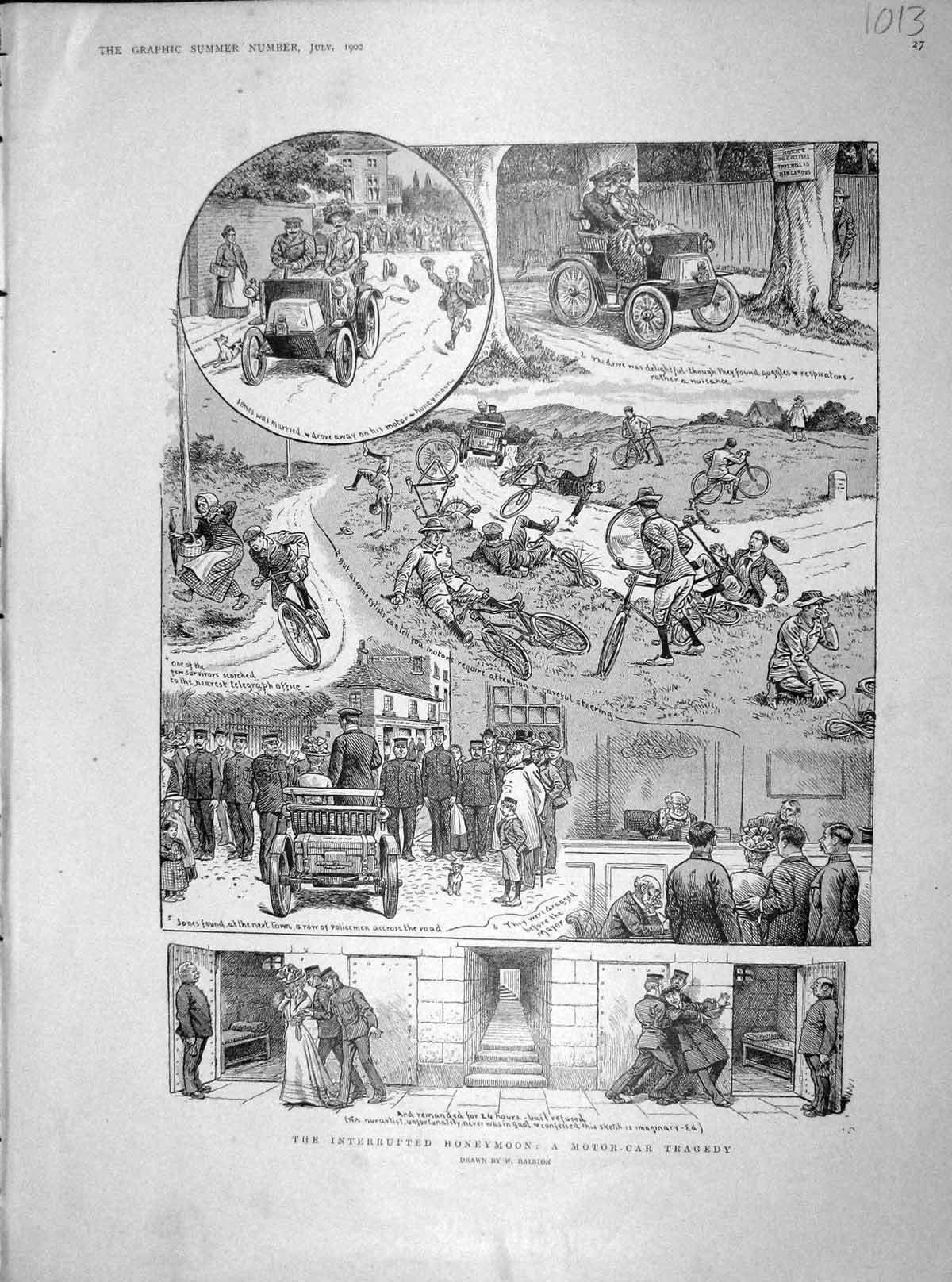 Original Old Antique Print 1902 Honeymoon Motor Car Tragedy Bicycles Crash