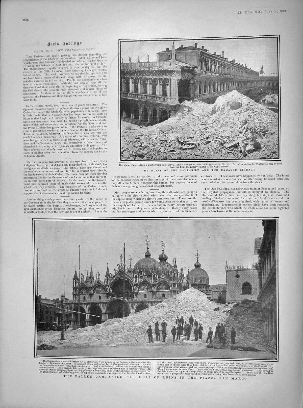 Original Old Antique Print 1902 Ruins Campanile Piazza San Marco Tintoretto