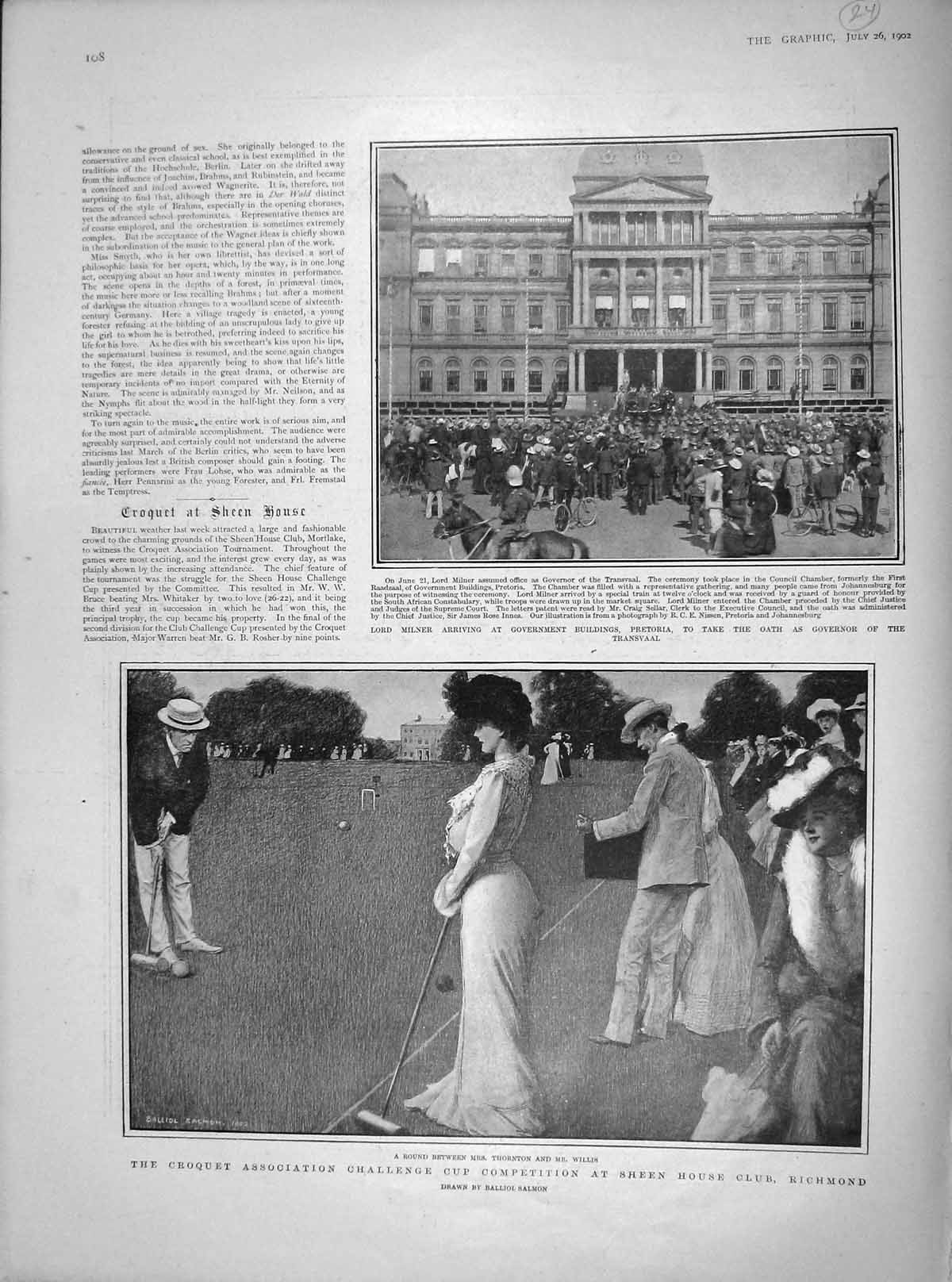 Original Old Antique Print 1902 Lord Milner Transvaal Croquet Richmond War Arms
