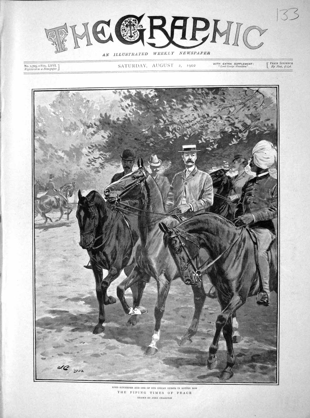 Original Old Antique Print 1902 Lord Kitchener Indian Guests Rotten Row Horses