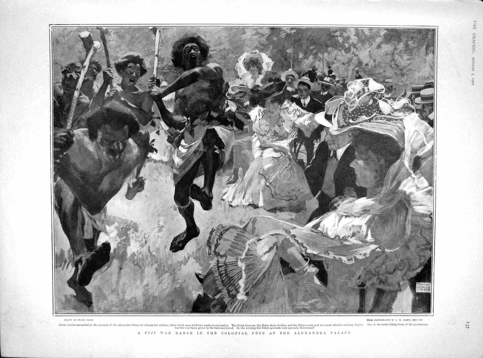 Original Old Antique Print 1902 Fiji War Dance Alexandra Palace Kitchener Kerr