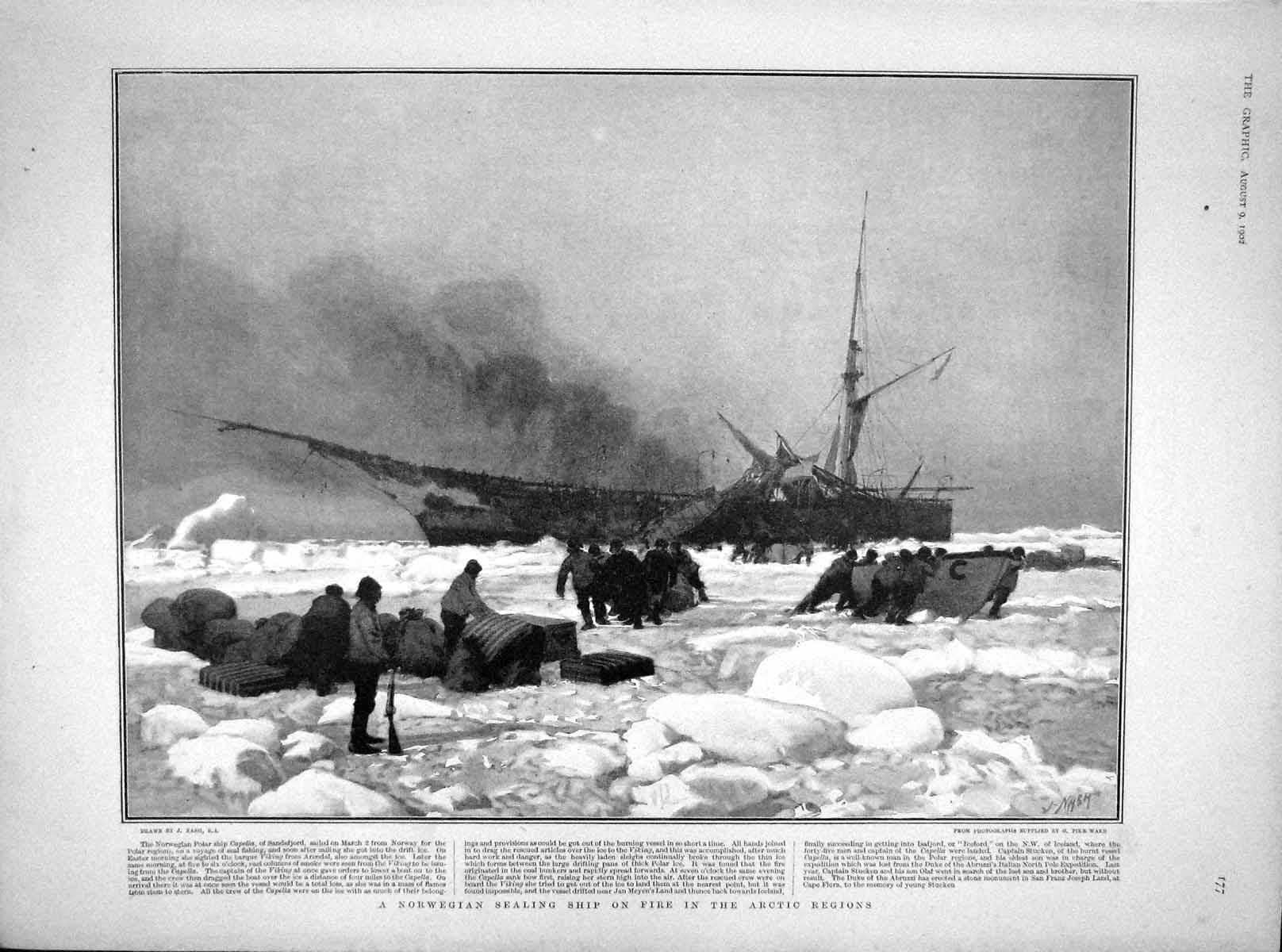 Old Antique Print 1902 Norwegian Sealing Ship Fire Arctic Regions Capella 20th