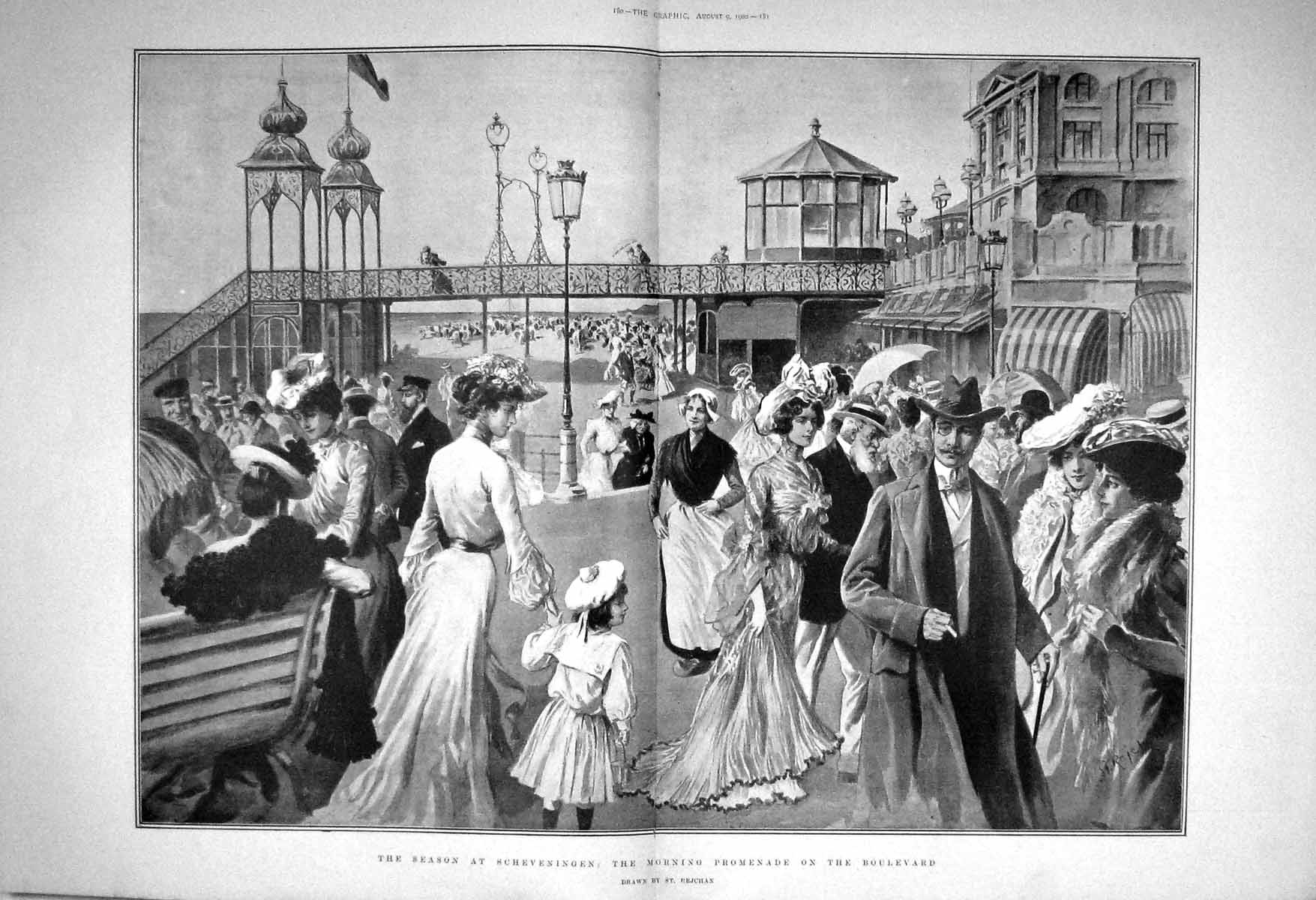 Old Antique Print 1902 Season Scheveningen Promenade Boulevard Rejchan 20th