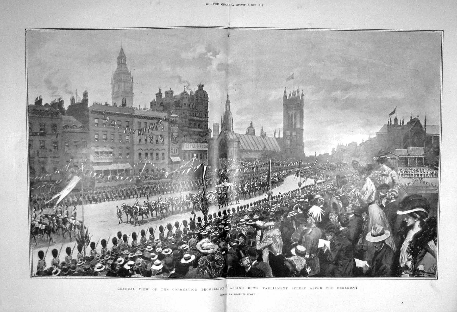 Original Old Antique Print 1902 Queen Coronation Procession Parliament Street
