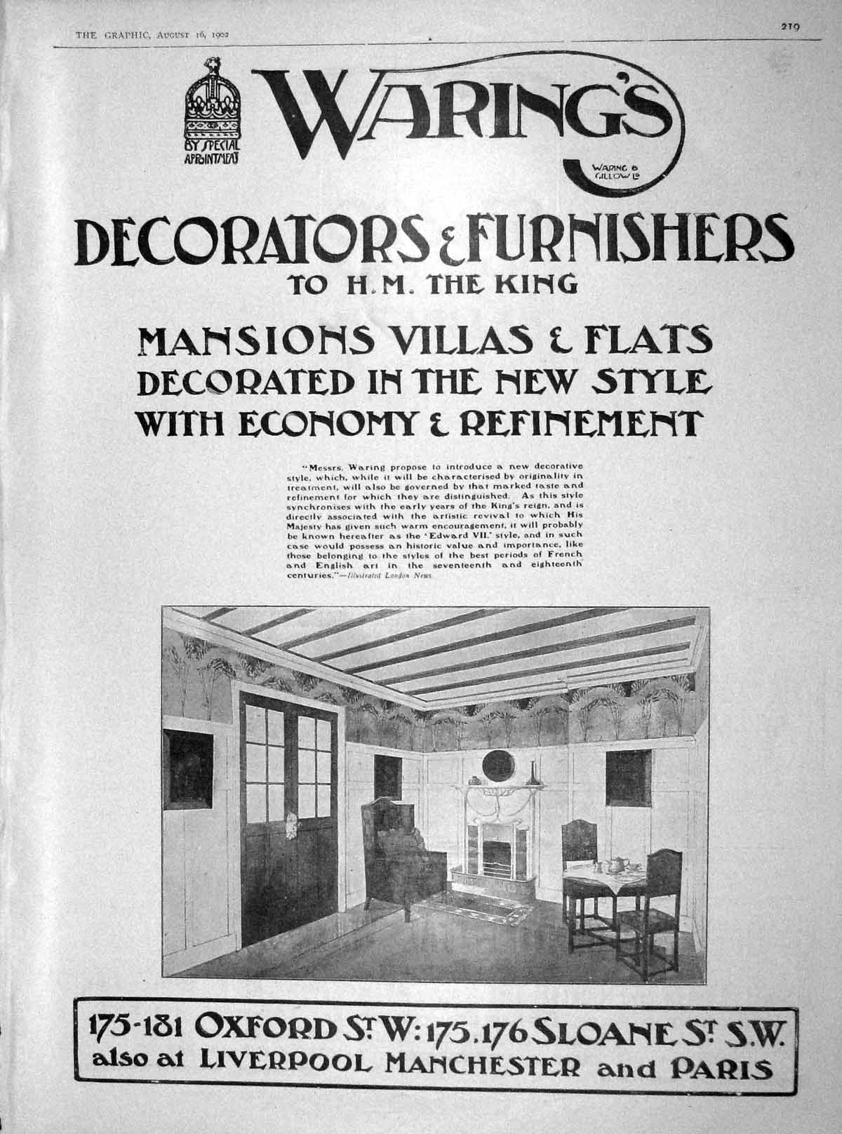 Original Old Antique Print 1902 Advertisement Warings Decorators Furnishers