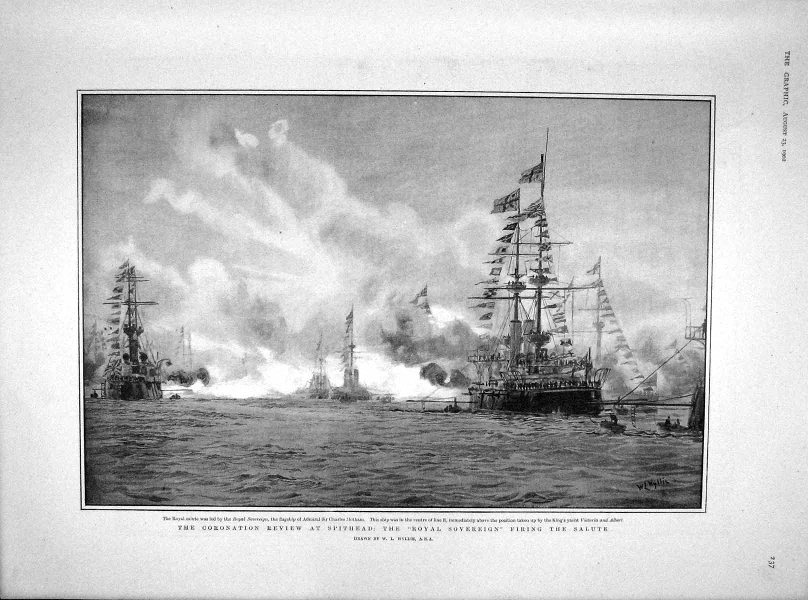 Original Old Antique Print 1902 Coronation Ships Spithead Royal Sovereign Asama