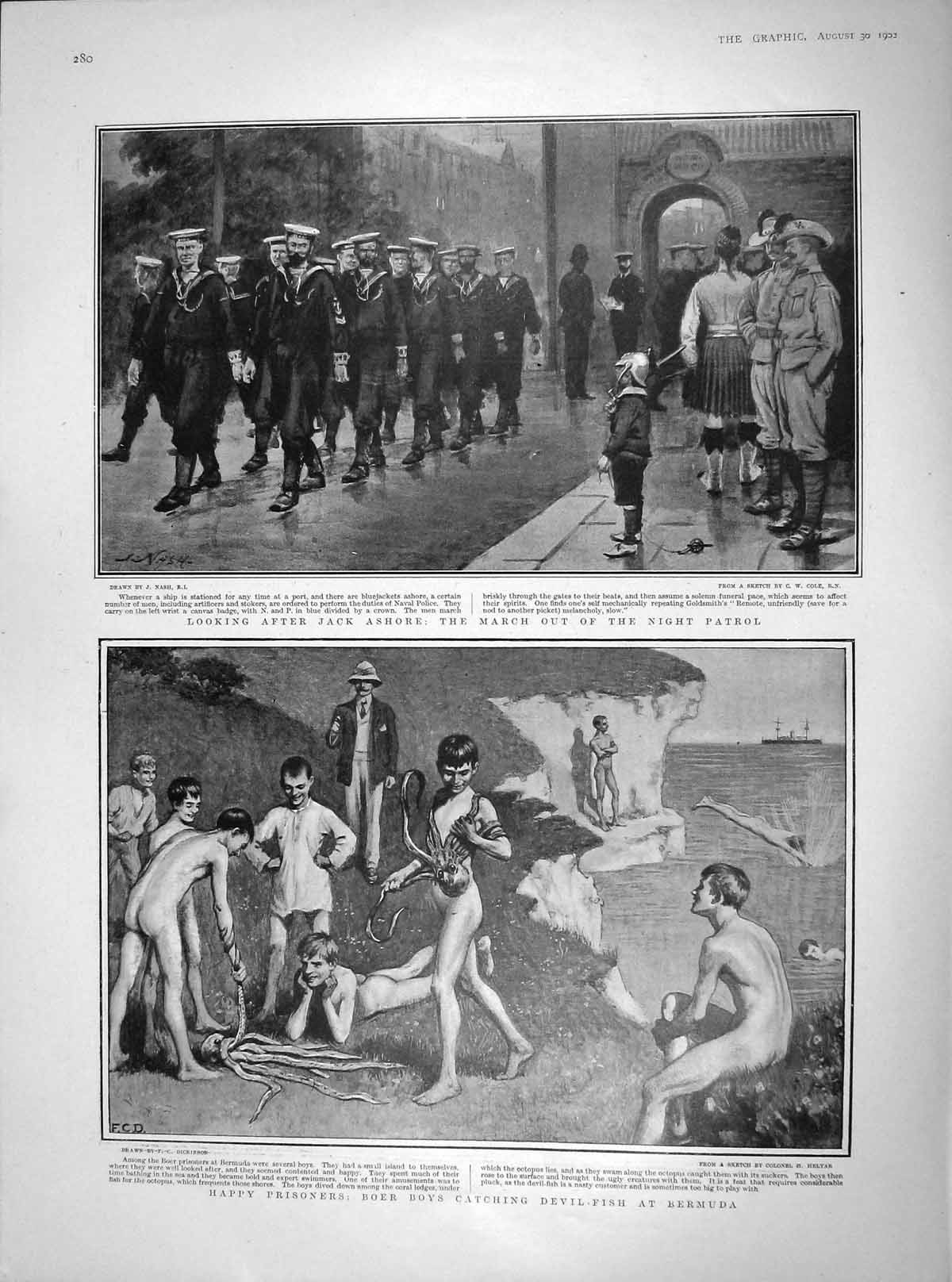 Original Old Antique Print 1902 Boer Boys Devil Fish Bermuda Victoria Ship 20th