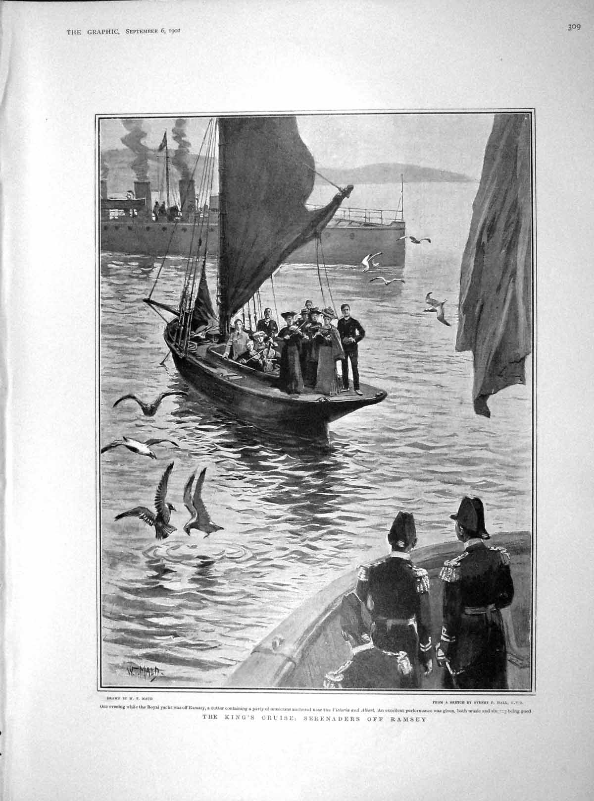 Old Antique Print 1902 King Cruise Serenaders Ramsey Ship Brodick Ailsa 20th