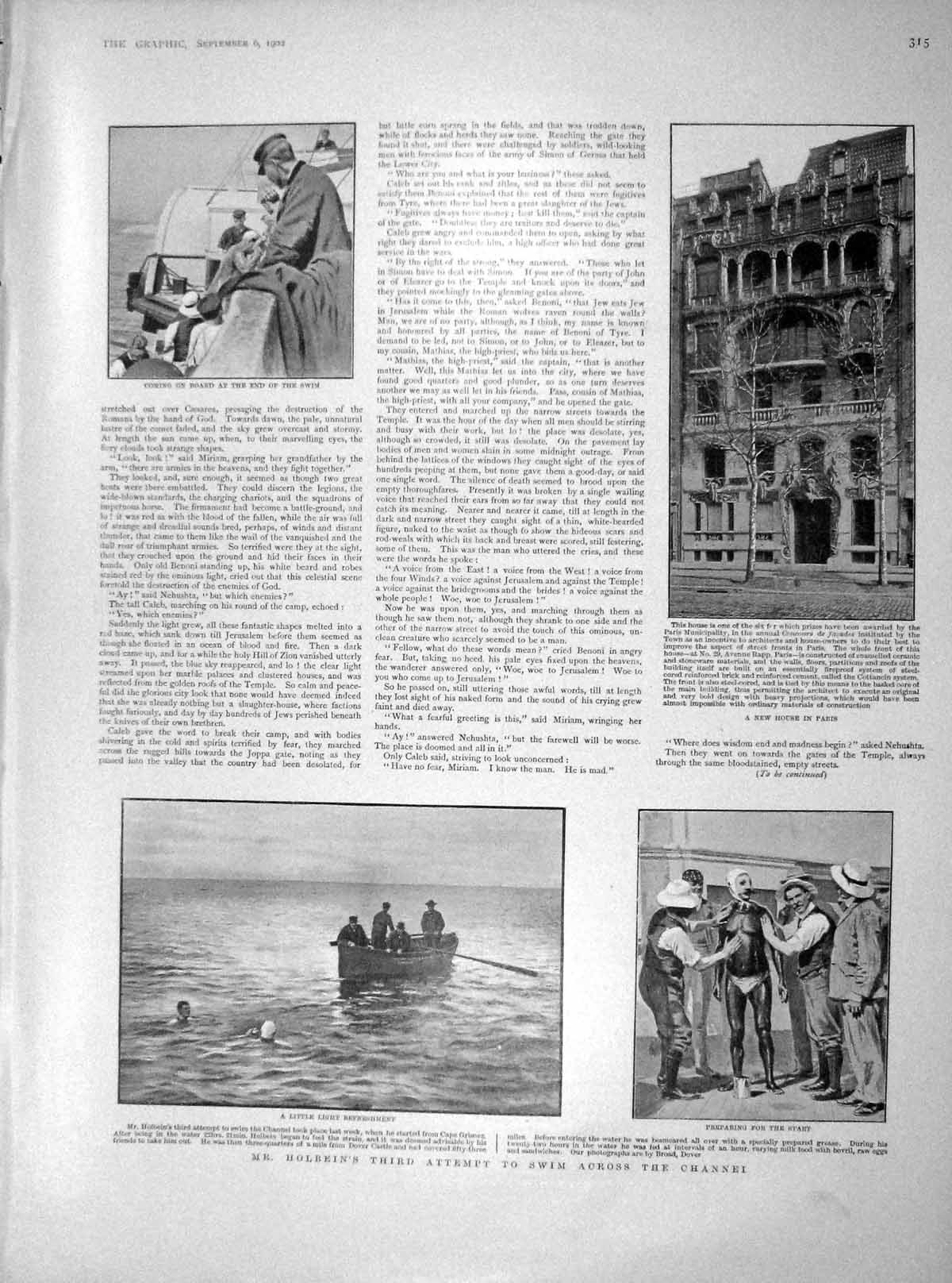 Old Antique Print 1902 Holbein Channel Swimming Paris German Army Prussia 20th