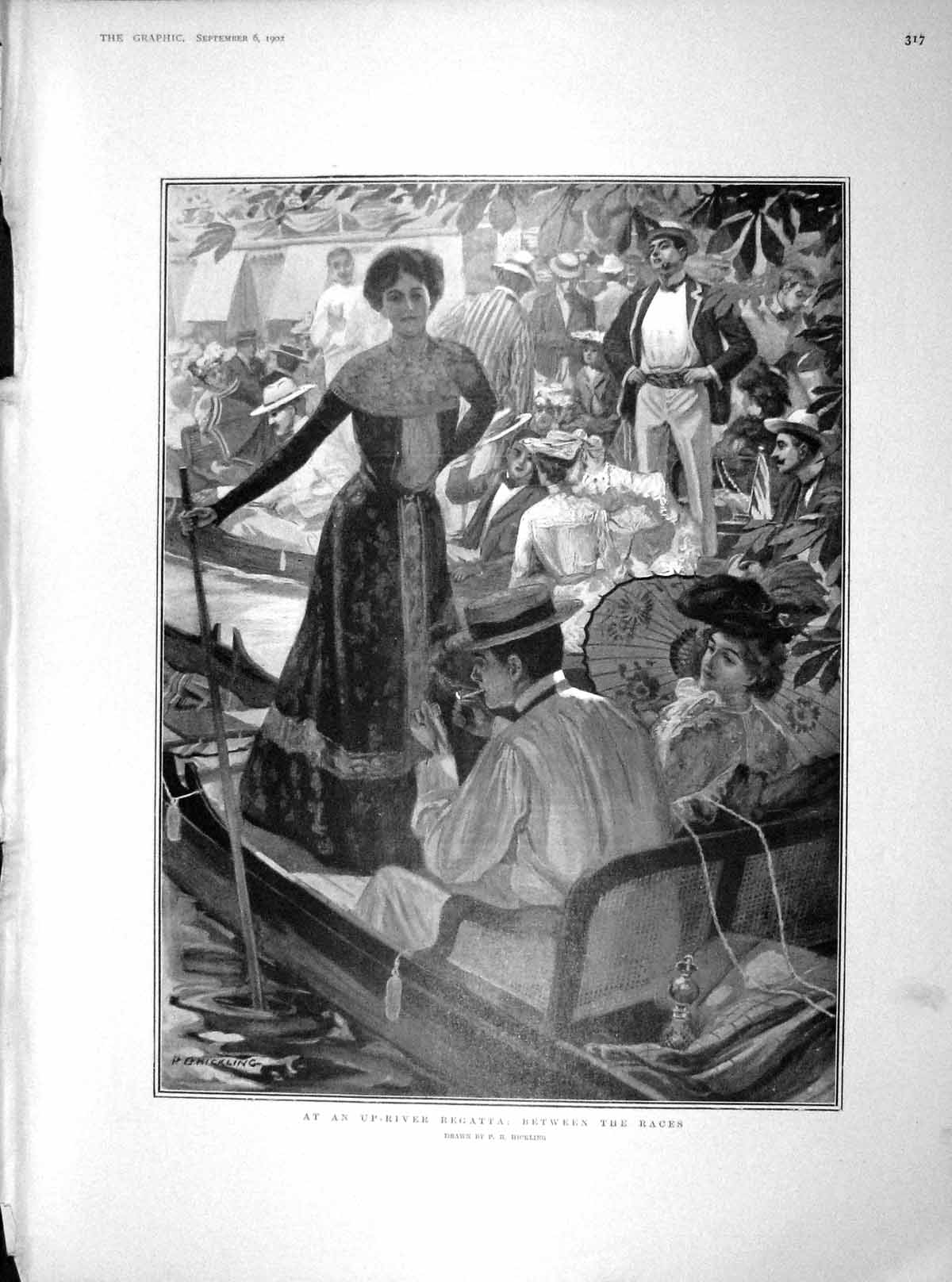 Old Antique Print 1902 River Regatta Boats James'S Theatre Ostend Madamet 20th