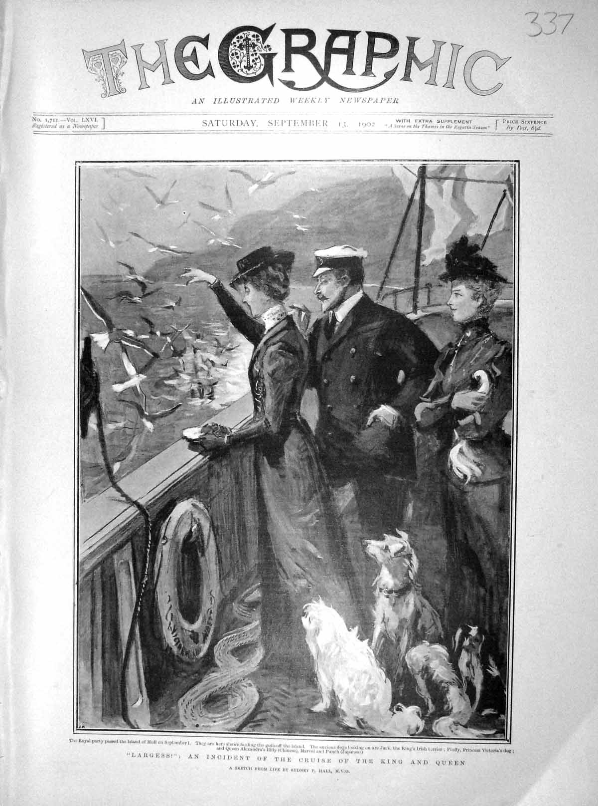 Original Old Antique Print 1902 King Queen Cruise Ship Island Mull Gulls Dogs