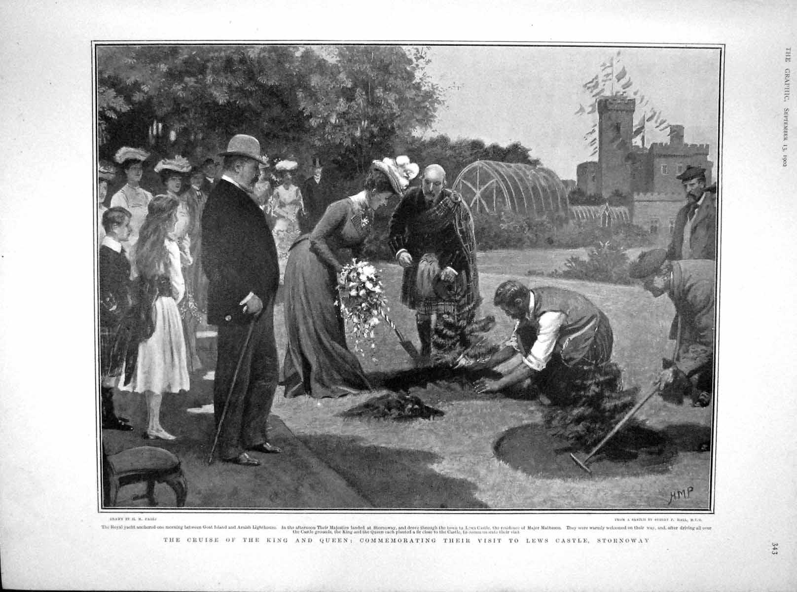 Original Old Antique Print 1902 Lews Castle Stornoway King Loch Leven Preussen