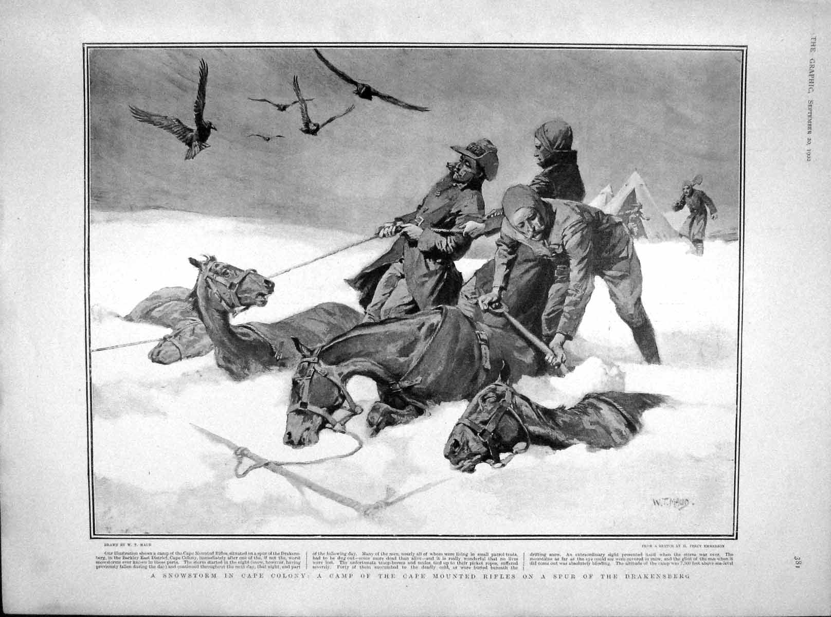 Original Old Antique Print 1902 Snowstorm Cape Colony Drakensberg Terrible Ship