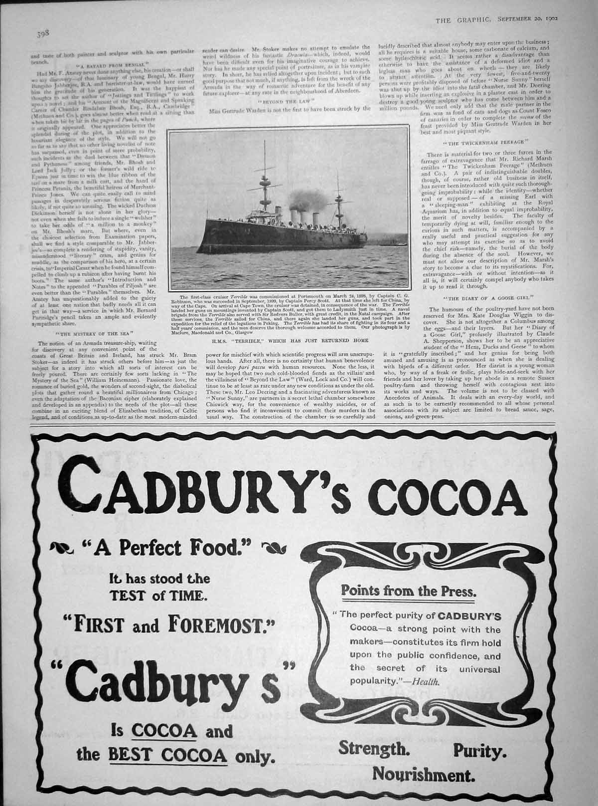 Old Antique Print 1902 Cruiser War Ship H.M.S. Terrible Portsmouth Cocoa 20th