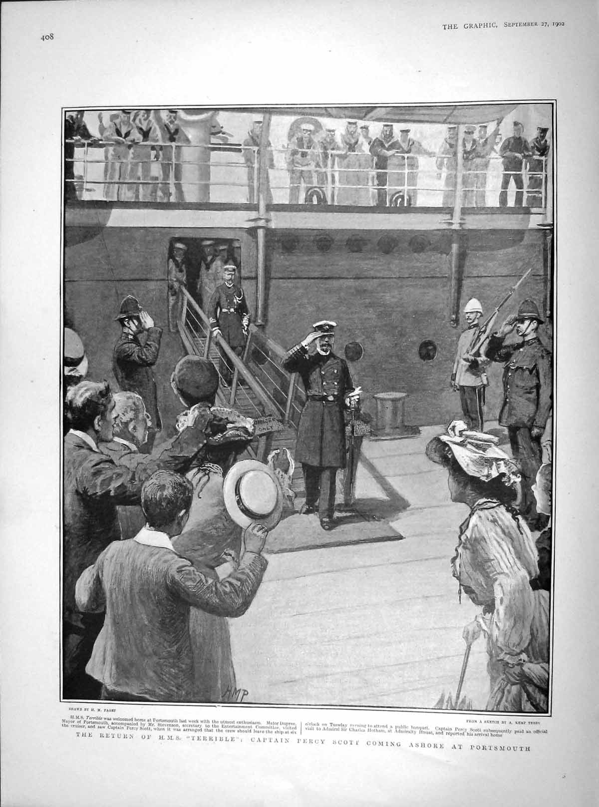 Old Antique Print 1902 War Ship H.M.S. Terrible Captain Percy Portsmouth 20th