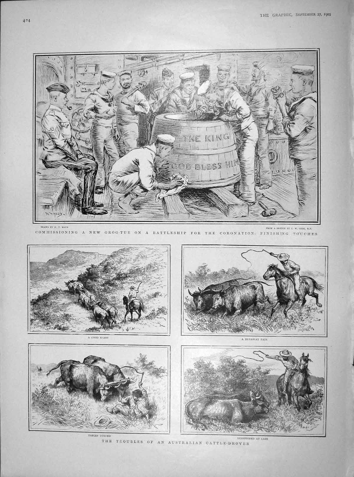 Old Antique Print 1902 Australia Cattle Drover Grog-Tub Battle Ship Navy 20th