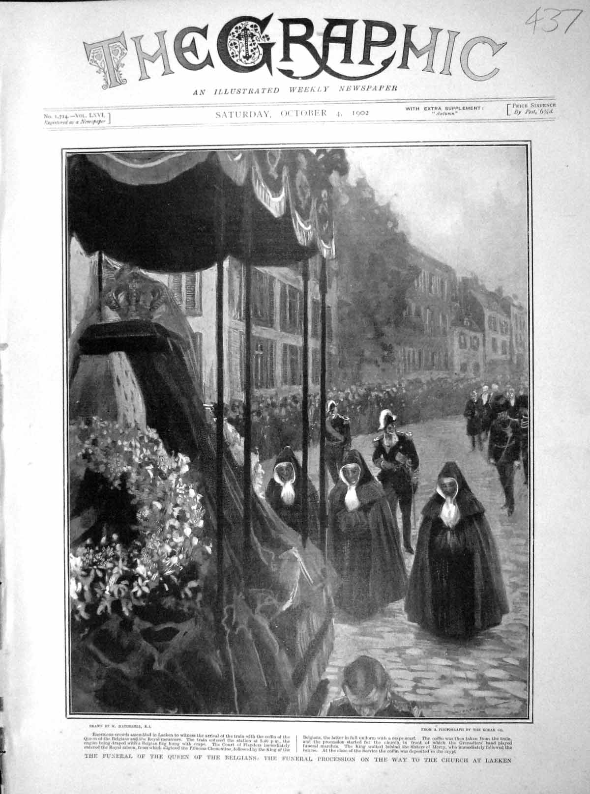 Original Old Antique Print 1902 Funeral Queen Belgians Procession Church Laeken