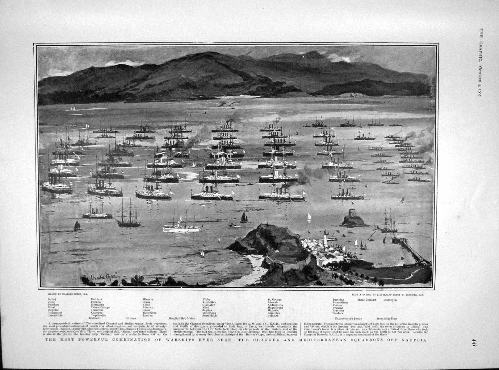 Original Old Antique Print 1902 War Ships Nauplia Mars Diana Hannibal T 20th