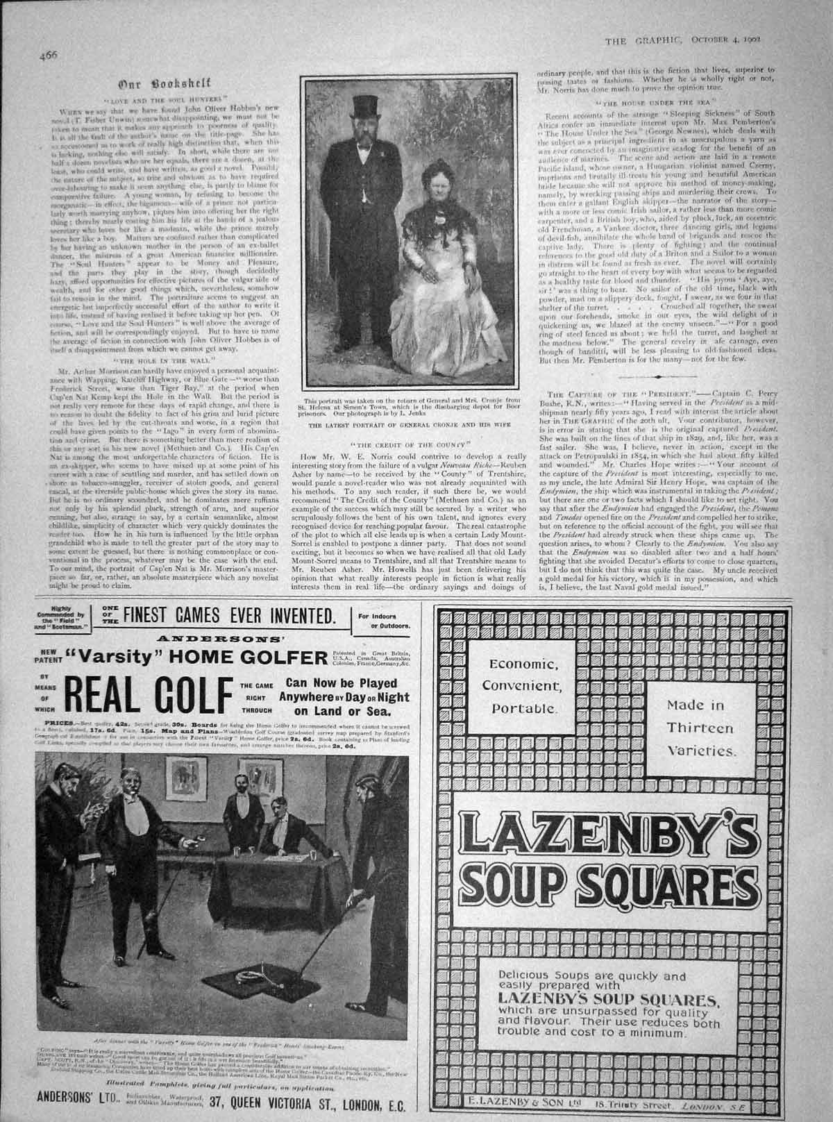 Old Antique Print 1902 Portrait General Cronje Helena Lazenby Soup Golf 20th