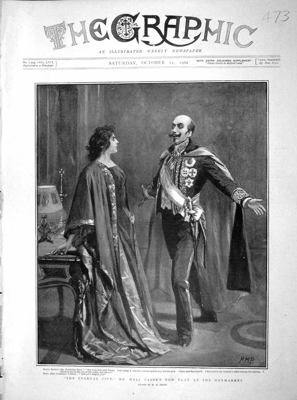 Original Old Antique Print 1902 Eternal City Hall Caine Haymarket Tree Theatre