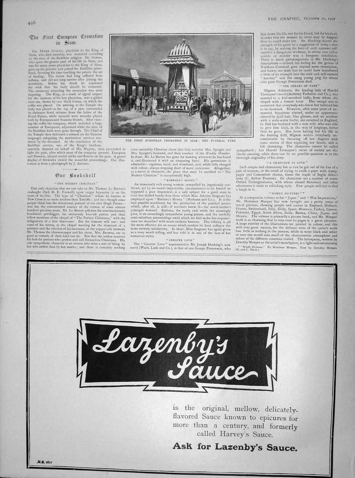 Old Antique Print 1902 European Cremation Siam Funeral Pyre Peter Gowan 20th