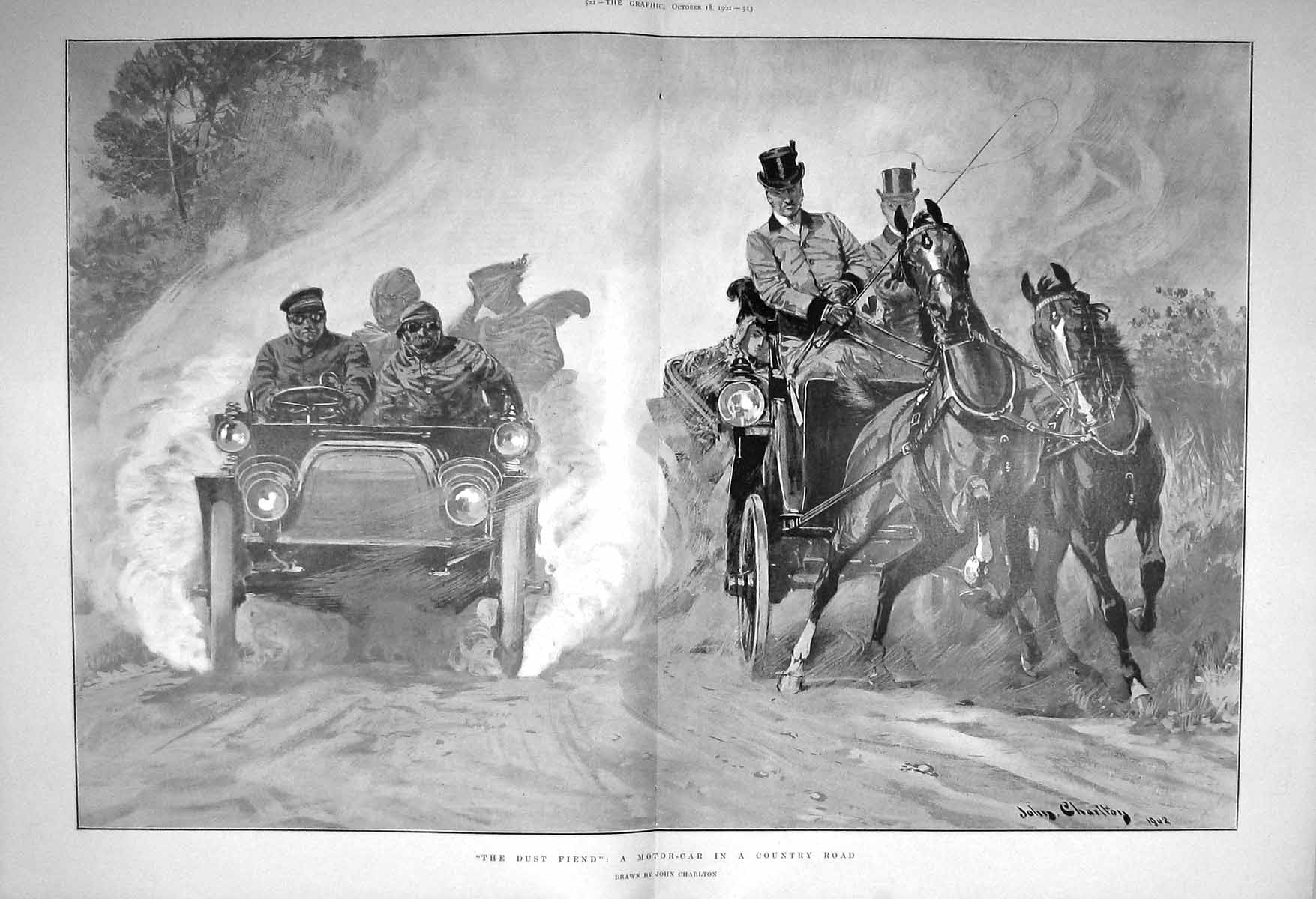 Original Old Antique Print 1902 Motor Car Horses Coach Country Road Tr 20th
