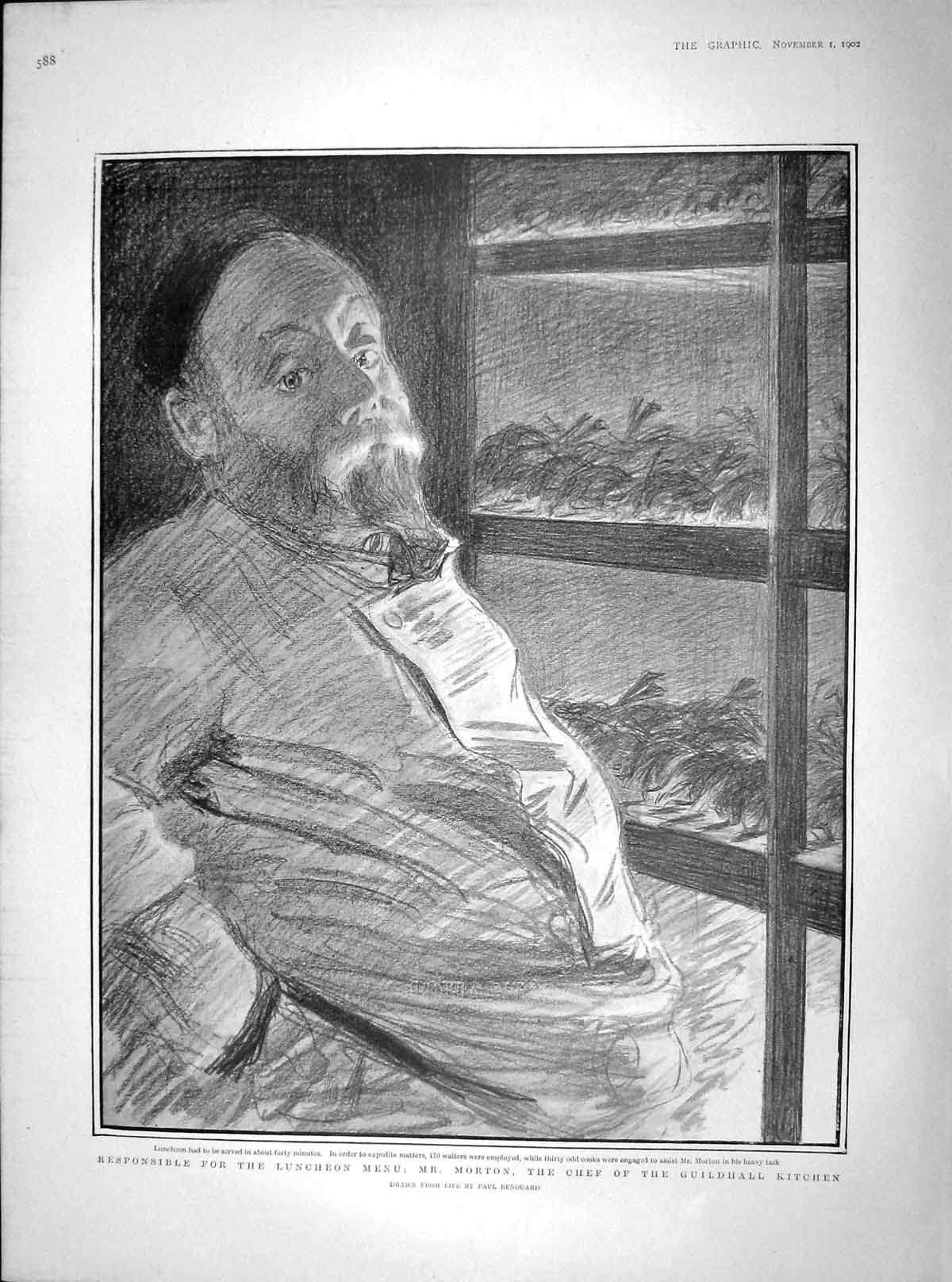 Old Antique Print 1902 Morton Chef Guildhall Kitchen Barons Beef Vaults 20th