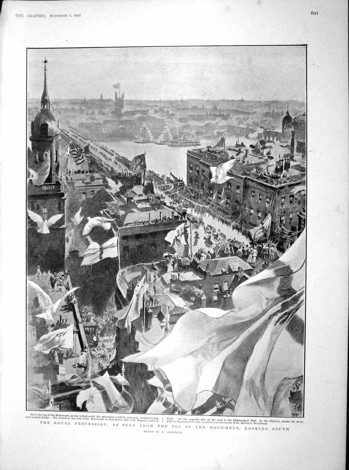 Original Old Antique Print 1902 Royal Procession Fish Street Hill Ludgate 20th