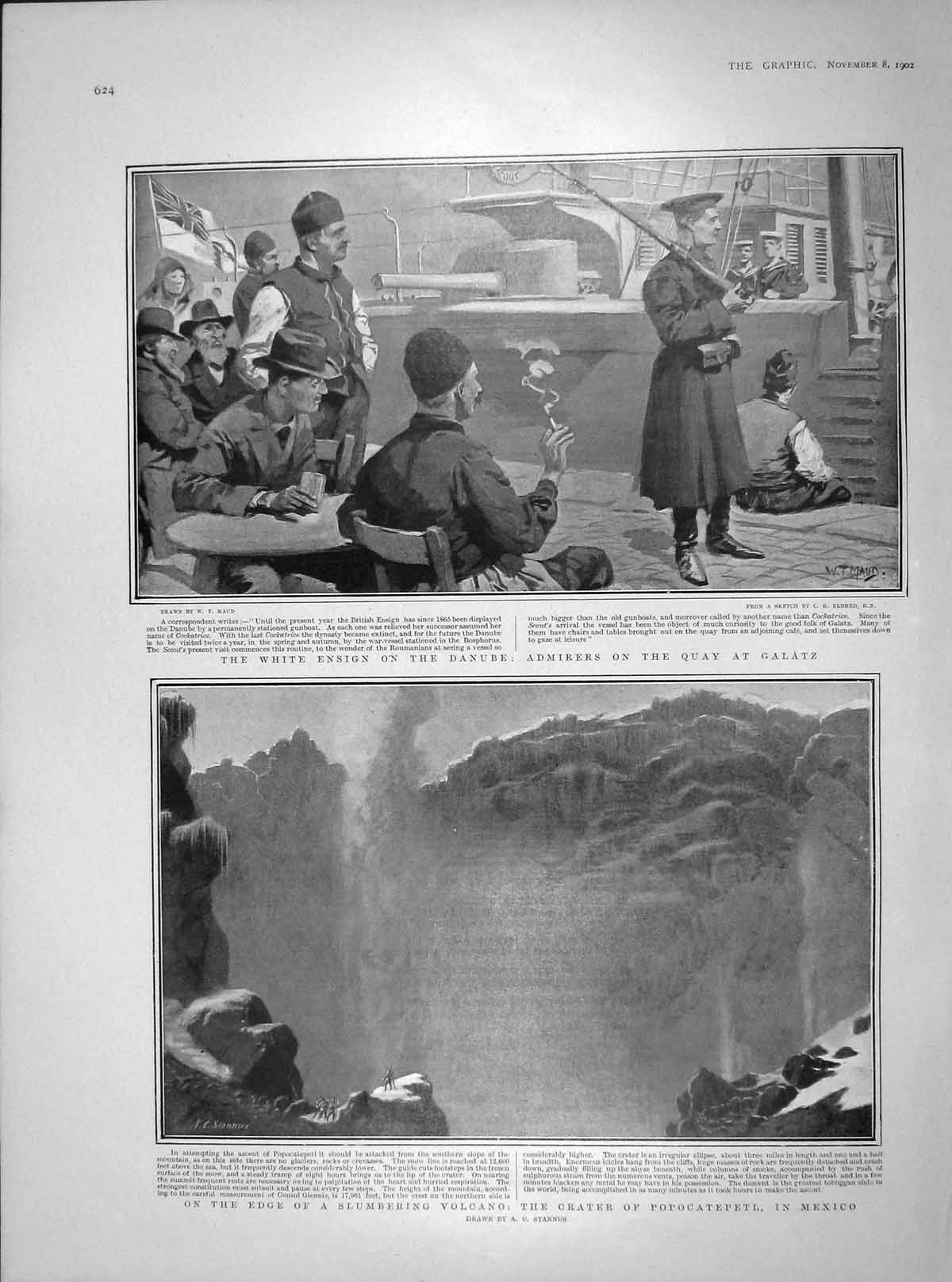Original Old Antique Print 1902 Volcano Popocatepetl Mexico White Ensign Danube