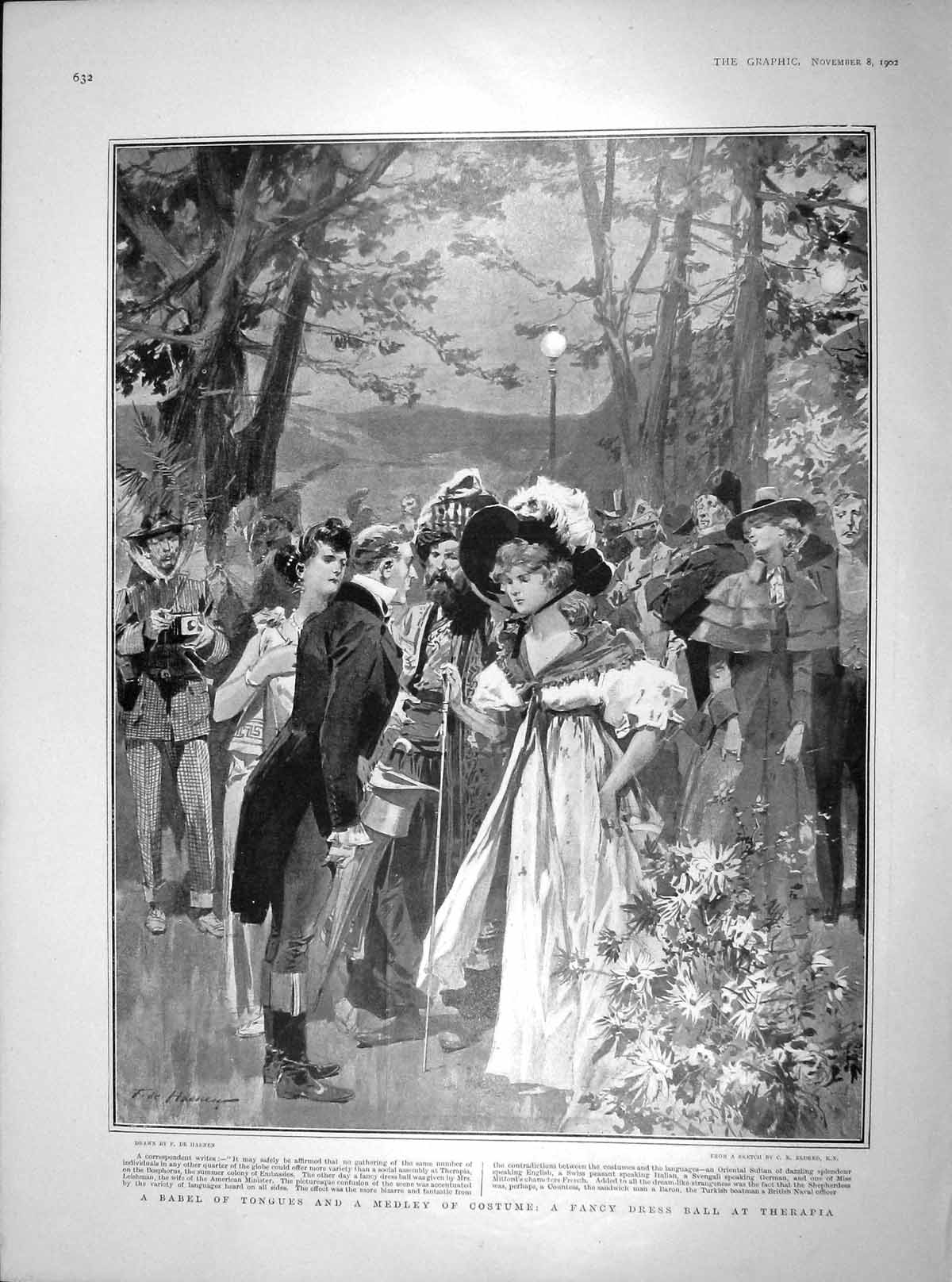 Original Old Antique Print 1902 Fancy Dress Therapia Landau Ponies Scots 20th