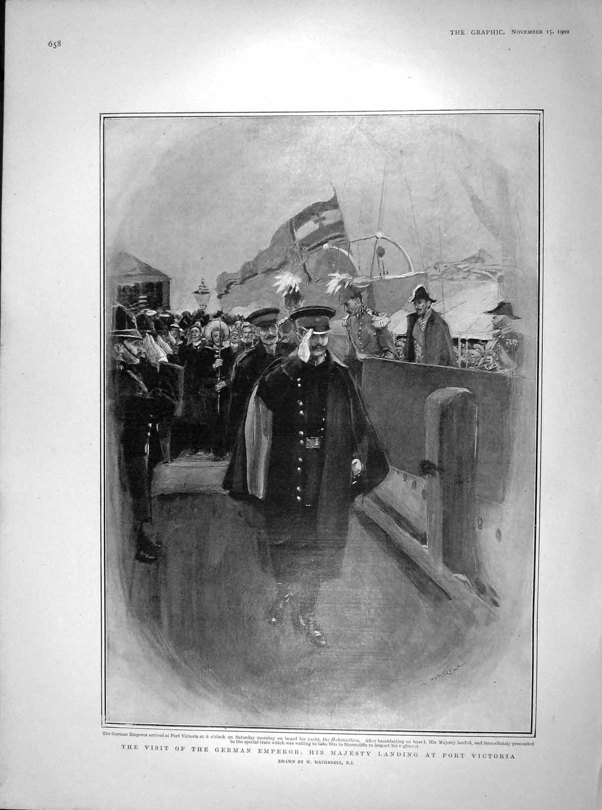 Original Old Antique Print 1902 German Emperor Port Victoria Shorncliffe Kaiser
