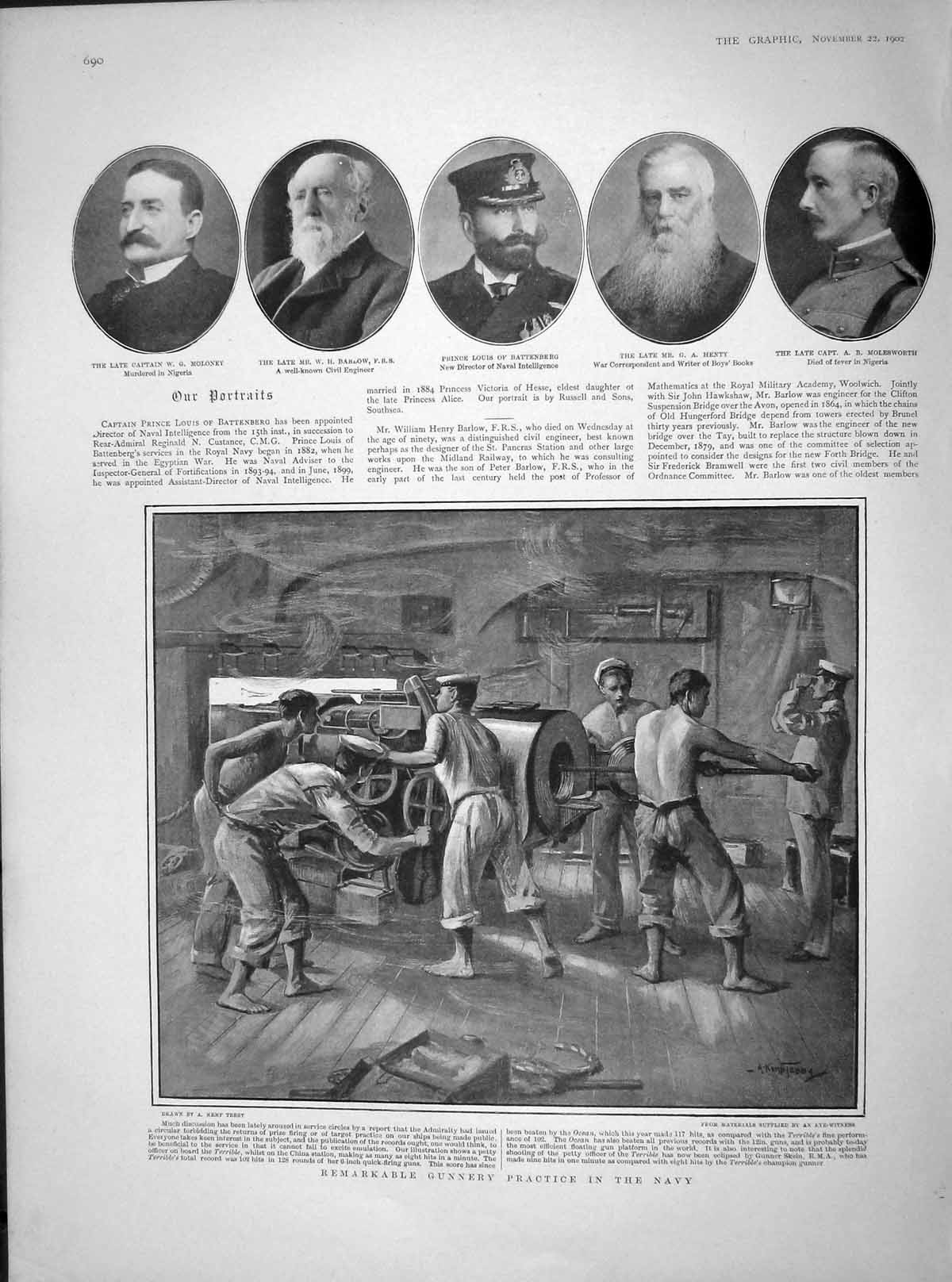 Original Old Antique Print 1902 Gunnery Practice Navy Moloney Barlow Battenberg