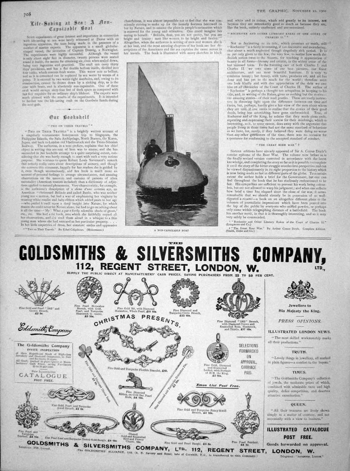Old Antique Print 1902 Sea Life-Saving Non-Capsizable Boat Dover England 20th
