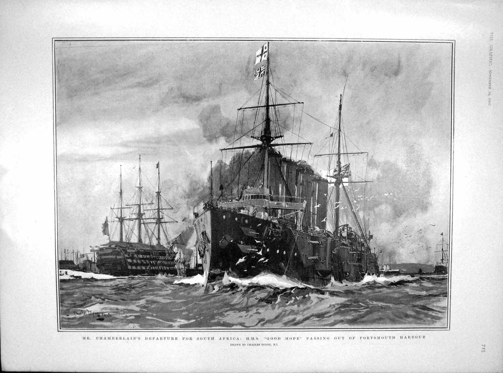 Original Old Antique Print 1902 Chamberlain Ship Good Hope Portsmouth Lowther