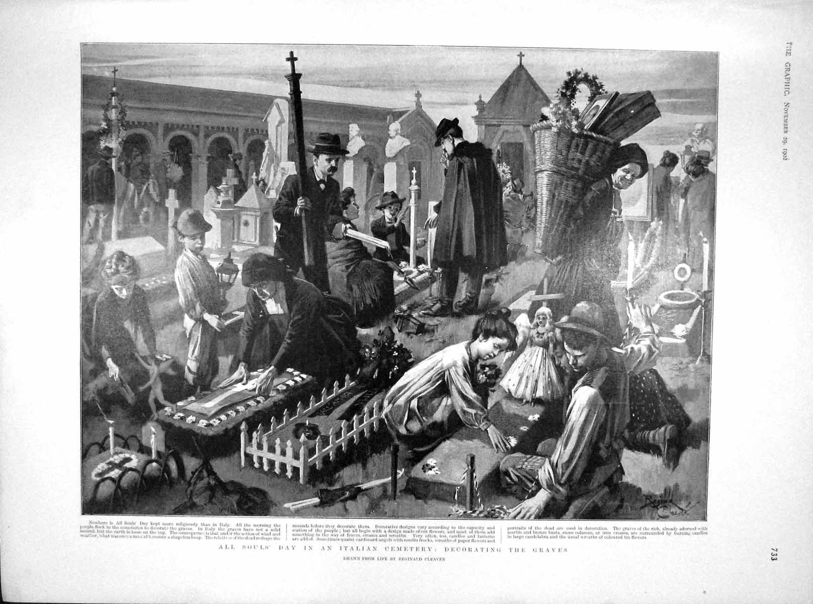 Old Antique Print 1902 All Souls Day Cemetery Italy Breakwater Saldanha 20th