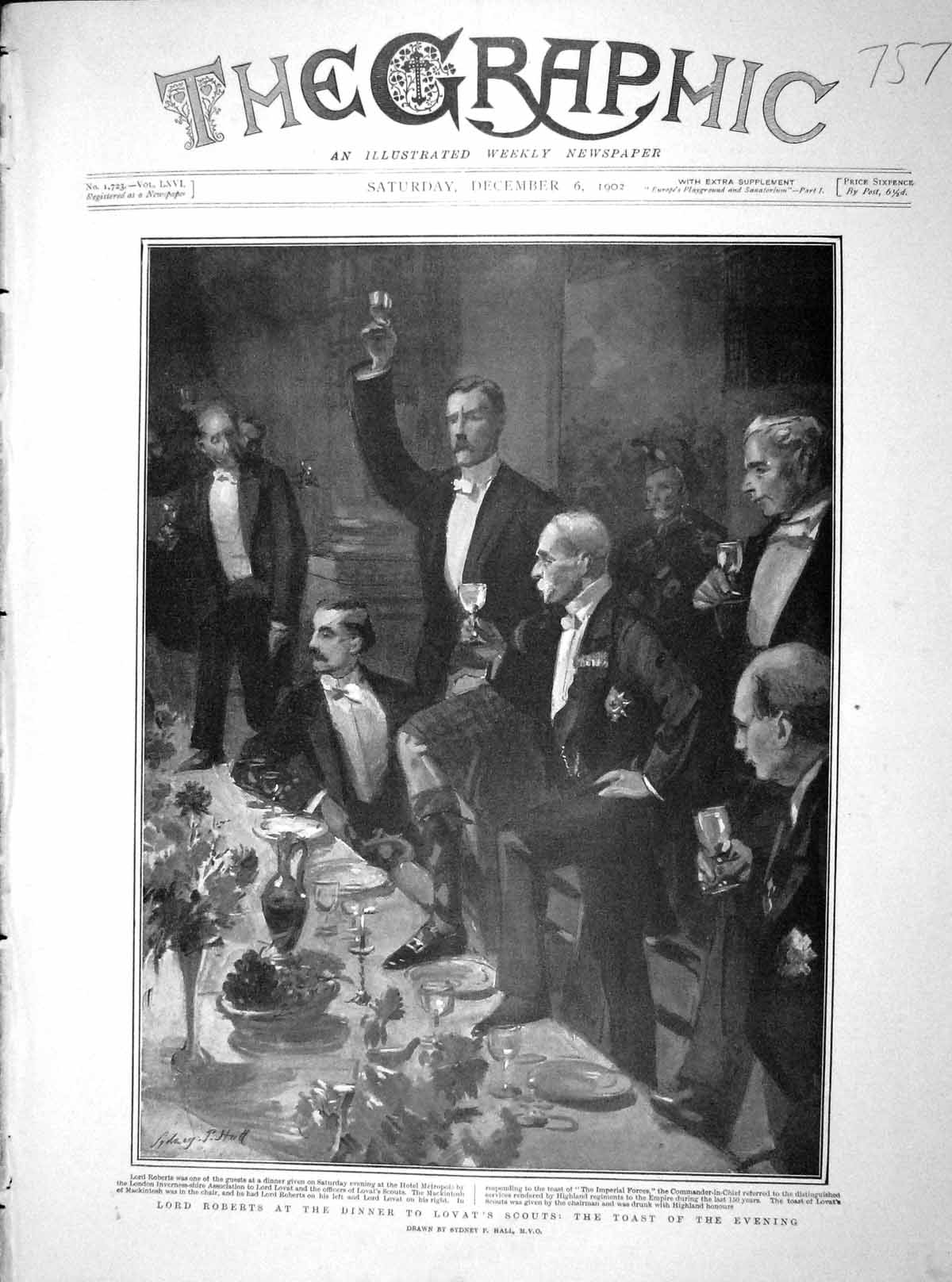 Original Old Antique Print 1902 Lord Roberts Dinner Lovat Scouts Hotel Me 20th