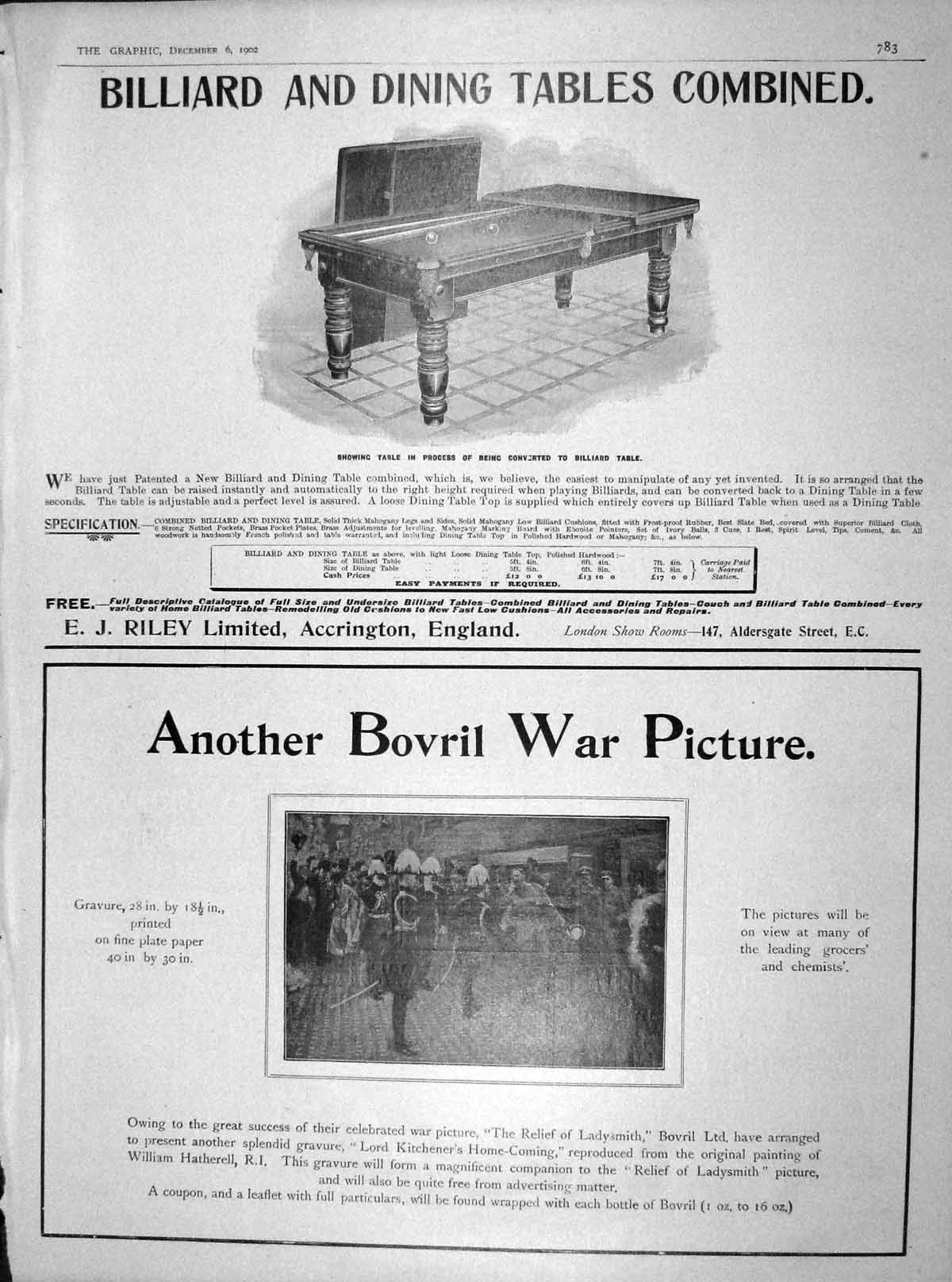 Original Old Antique Print 1902 Billiard Tables Riley Bovril War Picture 20th