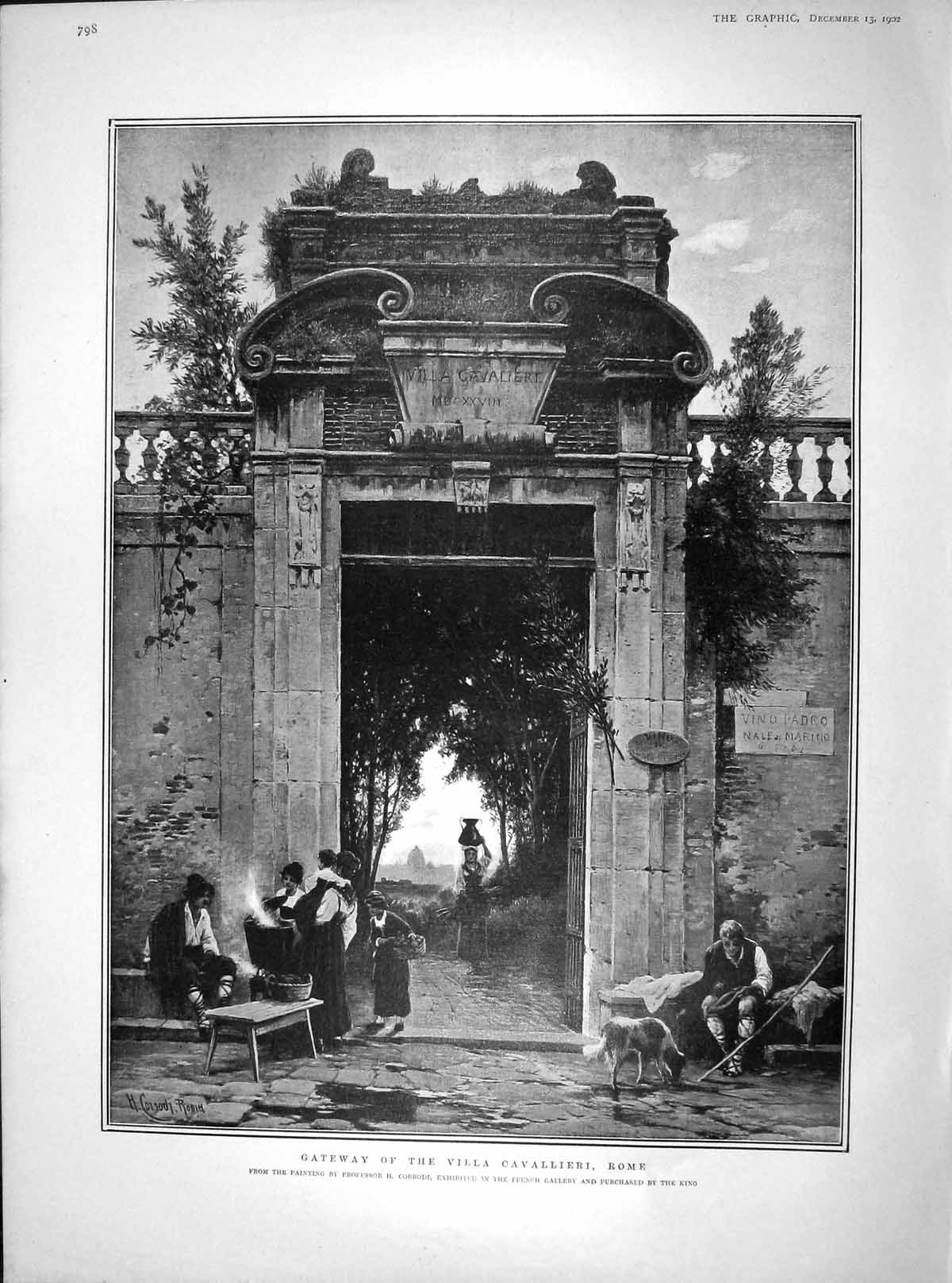 Original Old Antique Print 1902 View Gateway Villa Cavallieri Rome Corrodi 20th