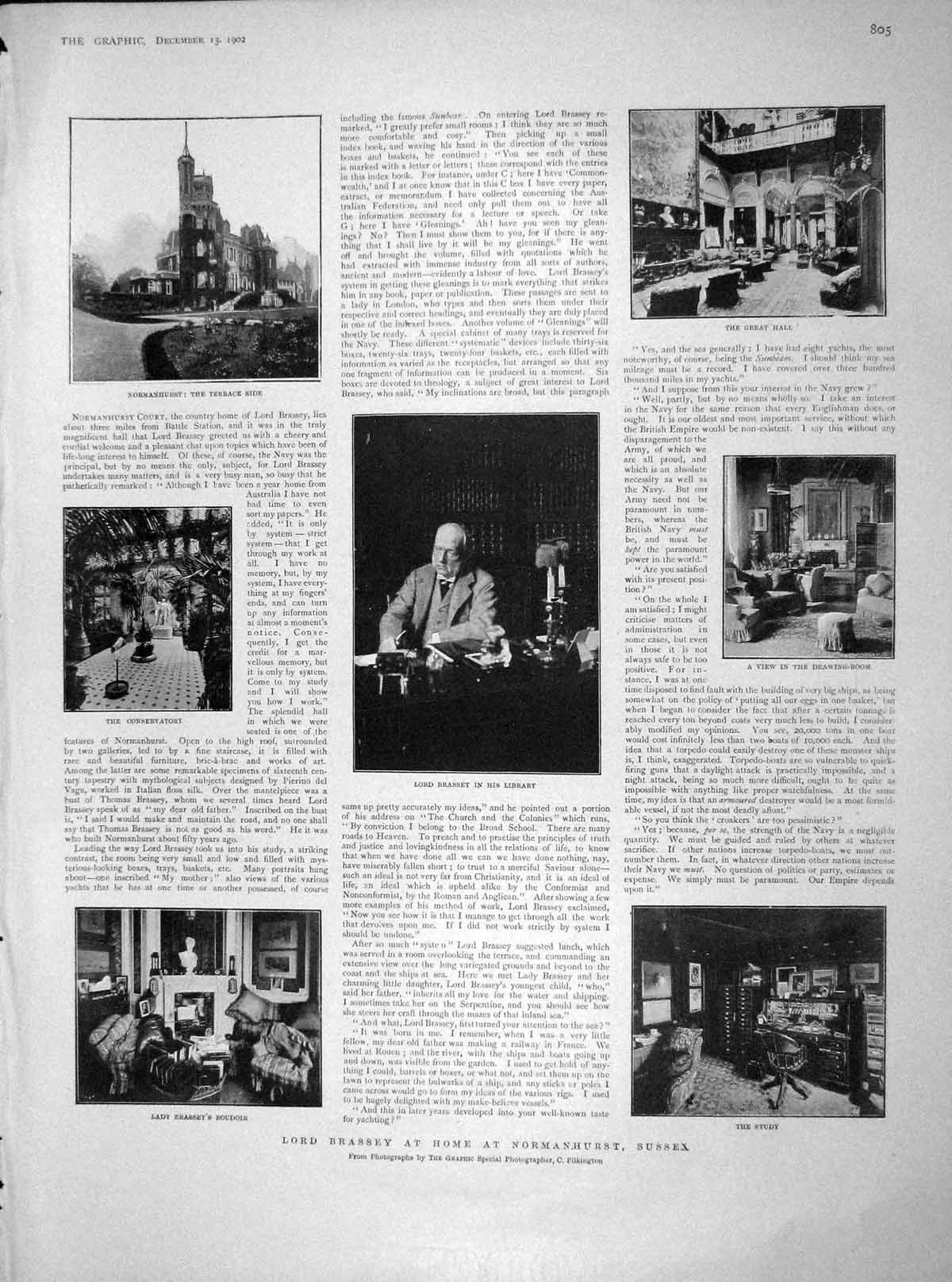 Original Old Antique Print 1902 Lord Brassey Normanhurst Sussex Conse 20th