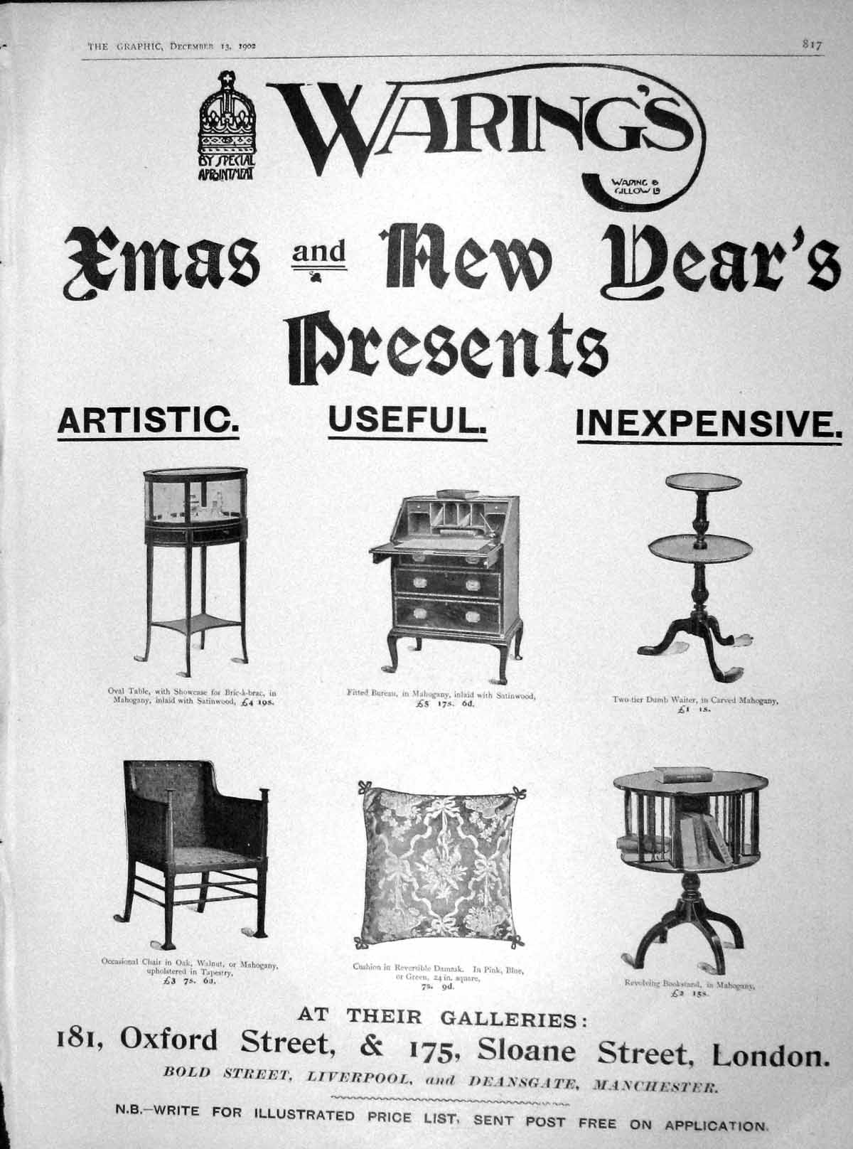Old Antique Print 1902 Advertisement Warings Mahogany Table Chair Cushion 20th