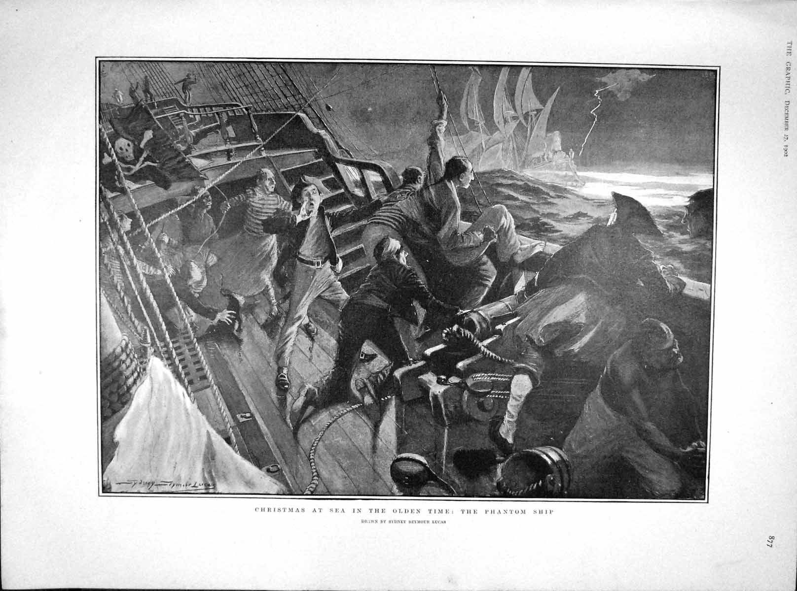 Old Antique Print 1902 Christmas Sea Phantom Ship Nile Dam Assouan Egypt 20th