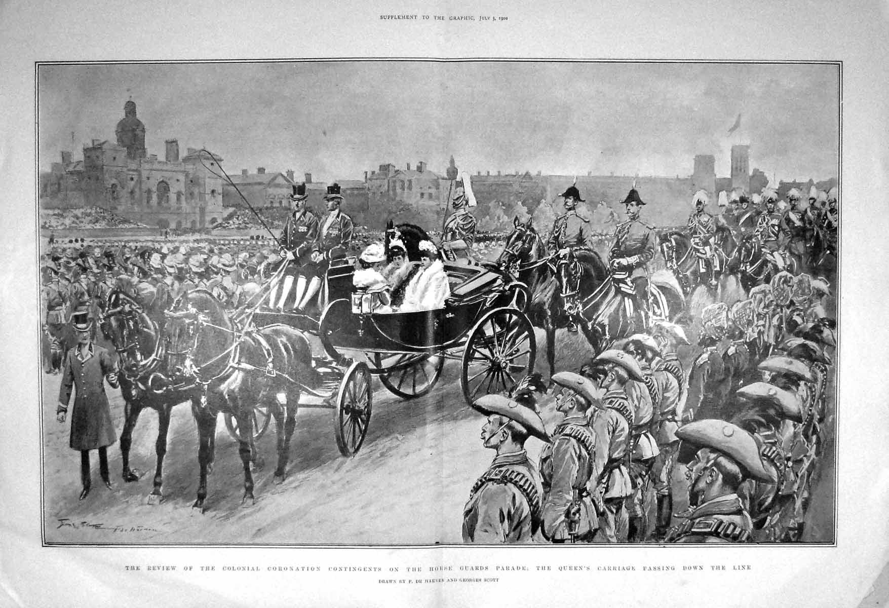 Original Old Antique Print 1902 Horse Guards Parade Queen Carriage Coronation