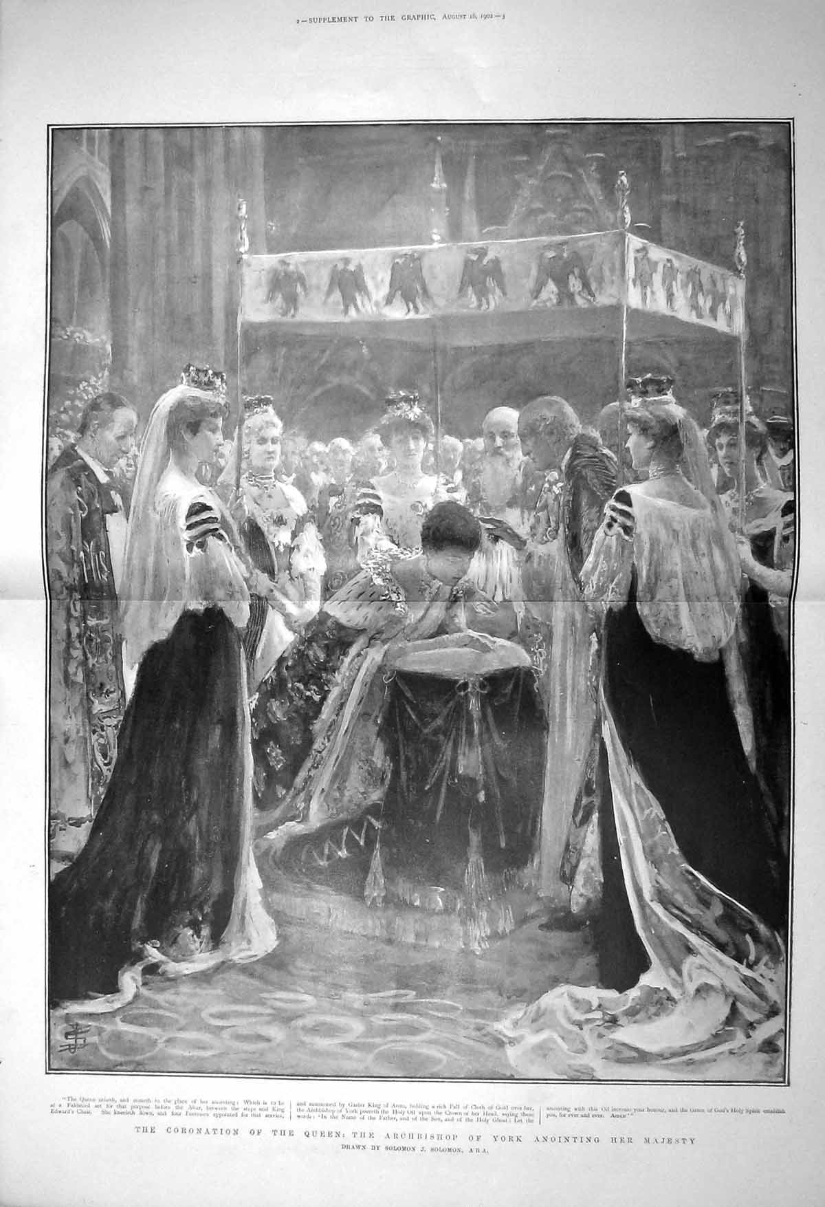 Original Old Antique Print 1902 Coronation Queen Archbishop York Anointing
