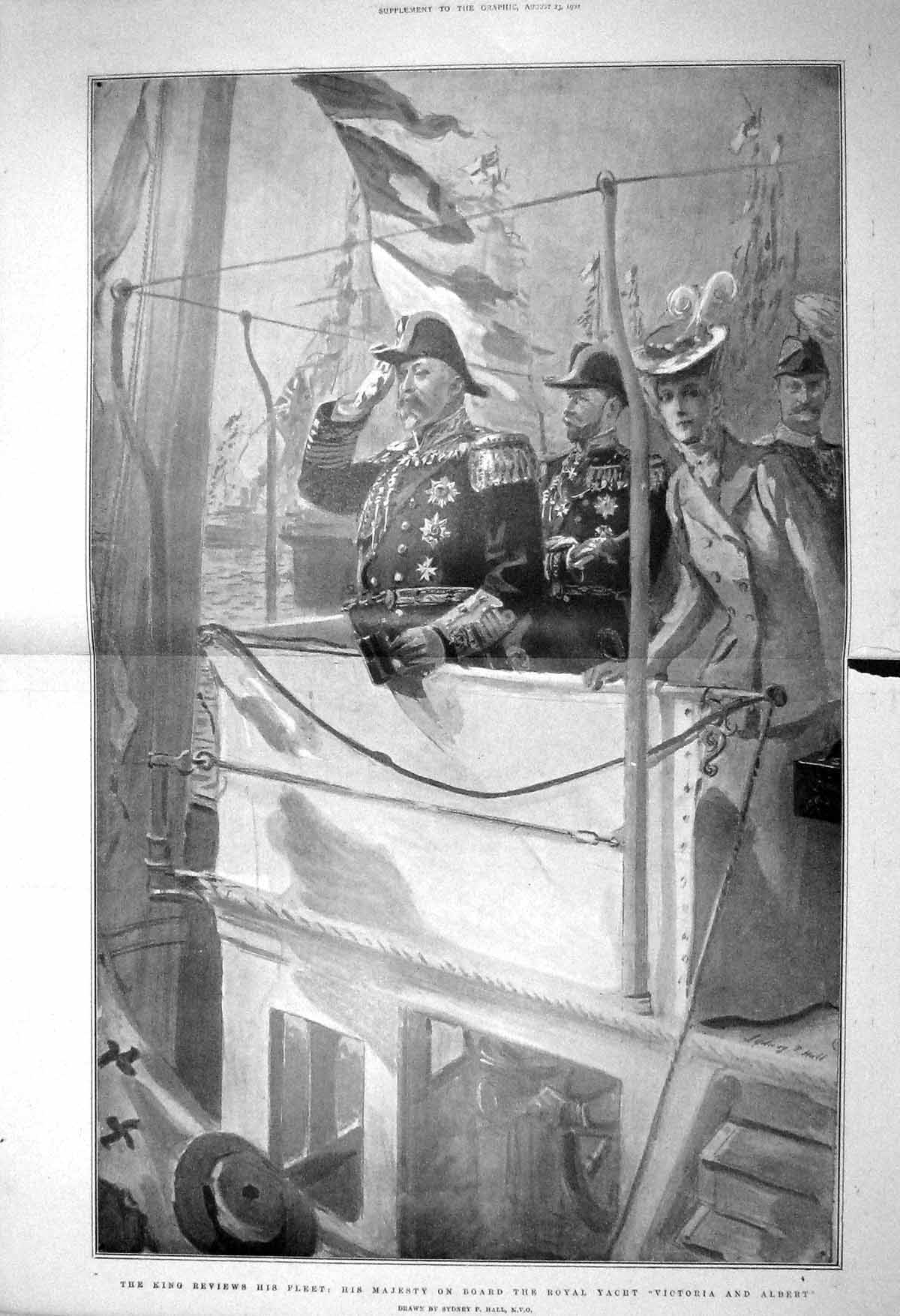Original Old Antique Print 1902 King Review Ships Royal Yacht Victoria Albert