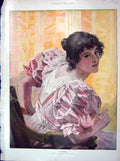 Original Old Antique Print 1902 Colour Listen George Hare Beautiful Lady 20th