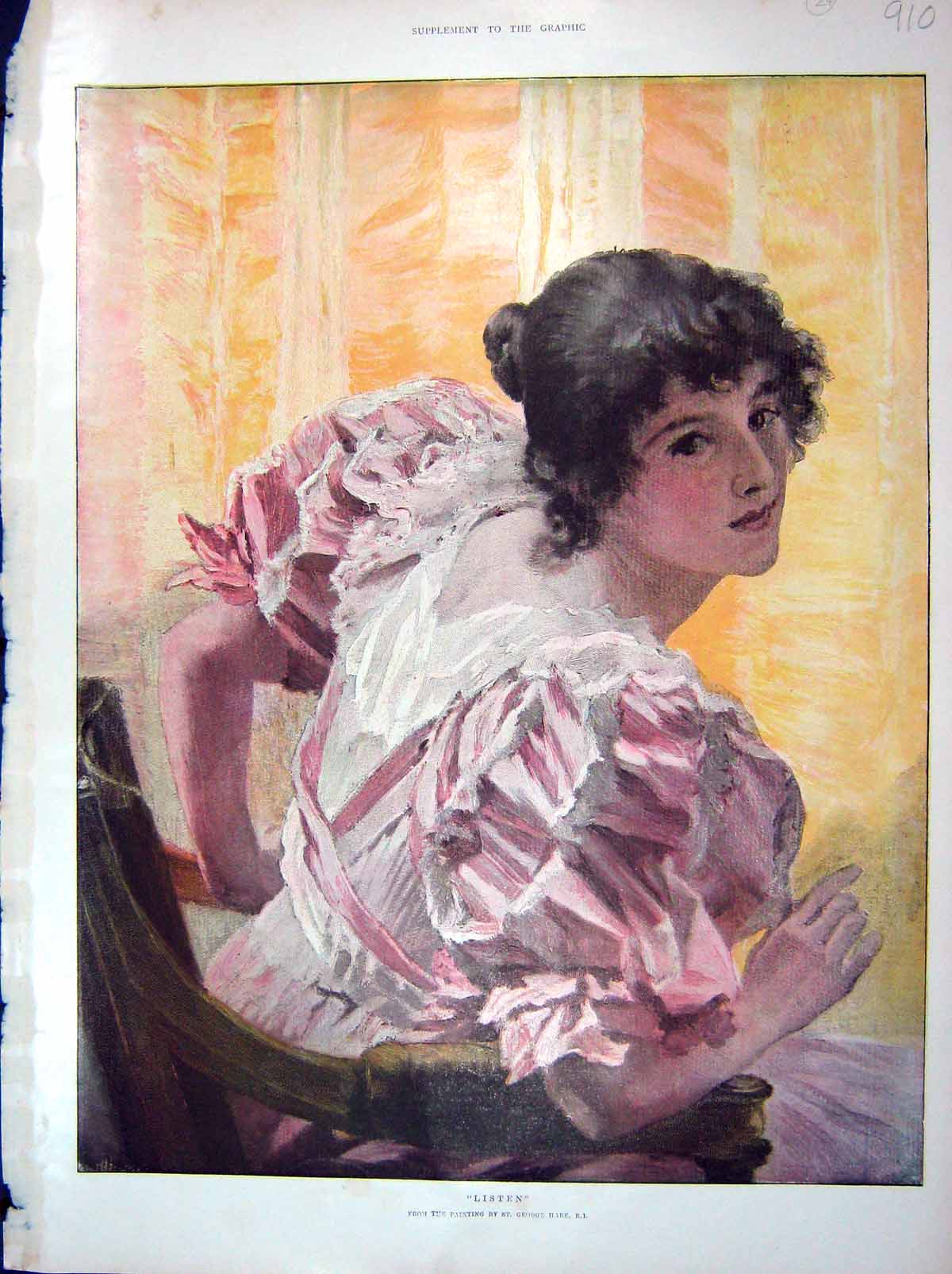 Original Old Antique Print 1902 Colour Listen George Hare Beautiful Lady 20th