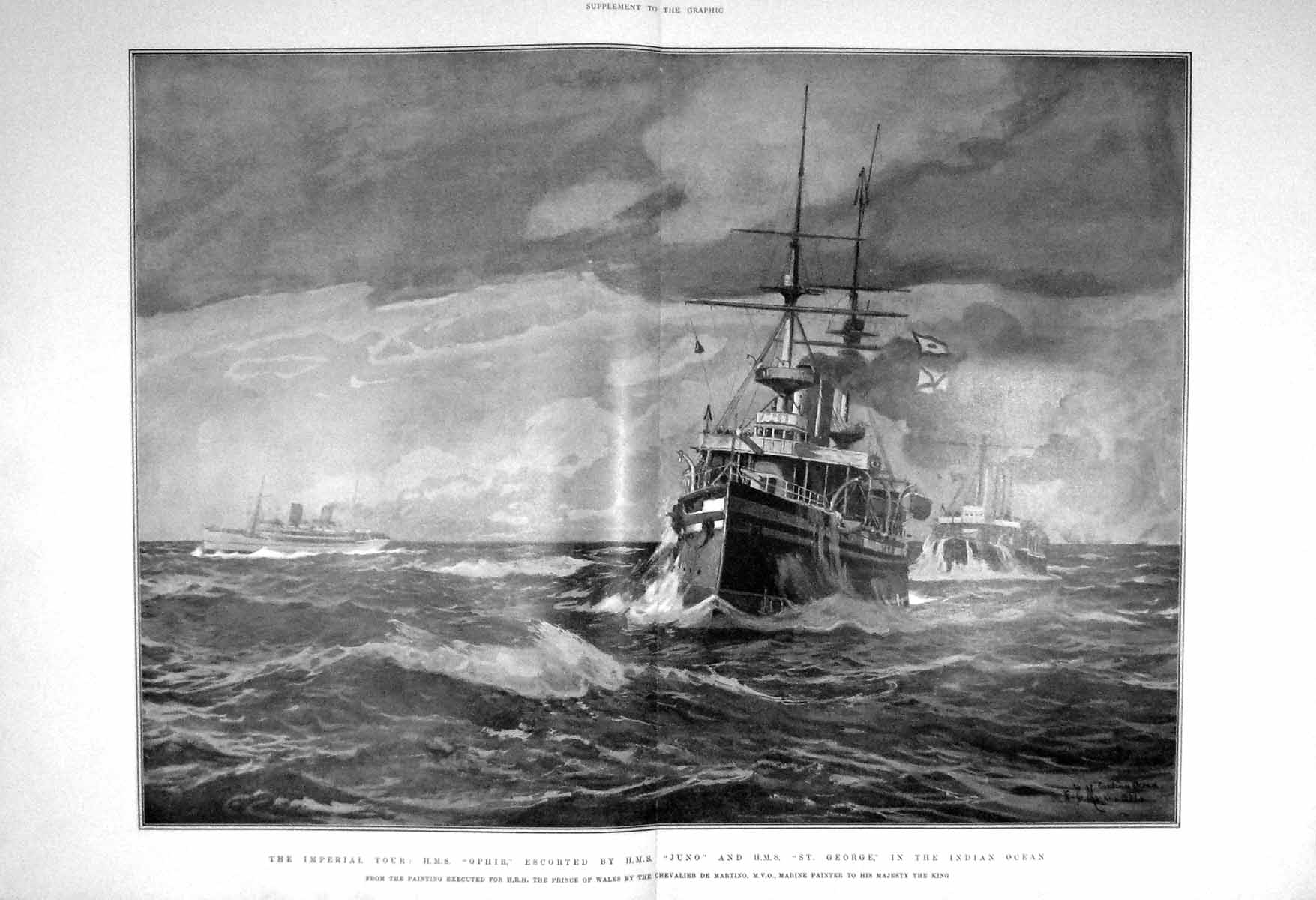 Original Old Antique Print 1902 Ship H.M.S. Ophir Juno St. George Indian Ocean